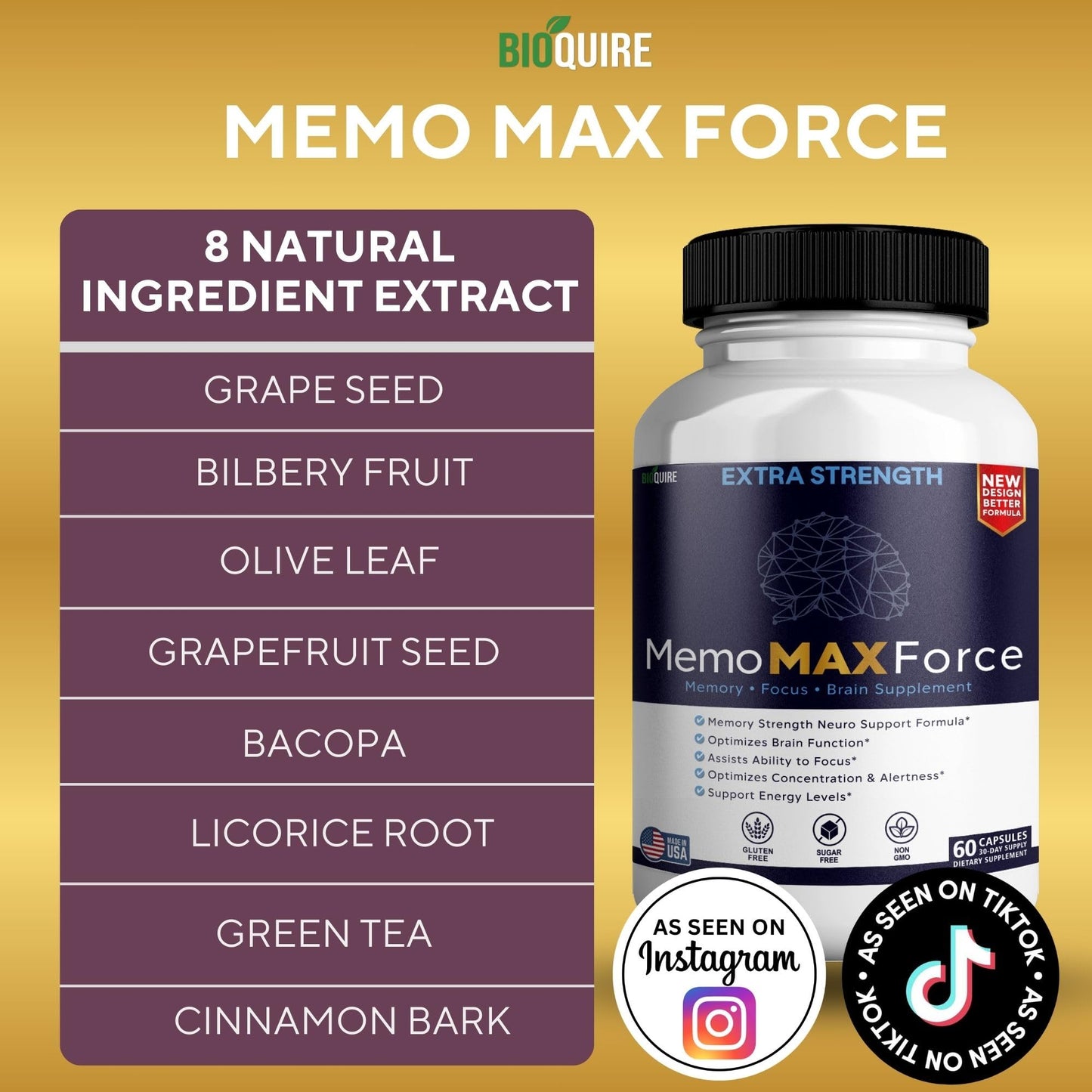 BIOQUIRE MemoMAX Force Extra Strength Brain Supplement 60 Capsules