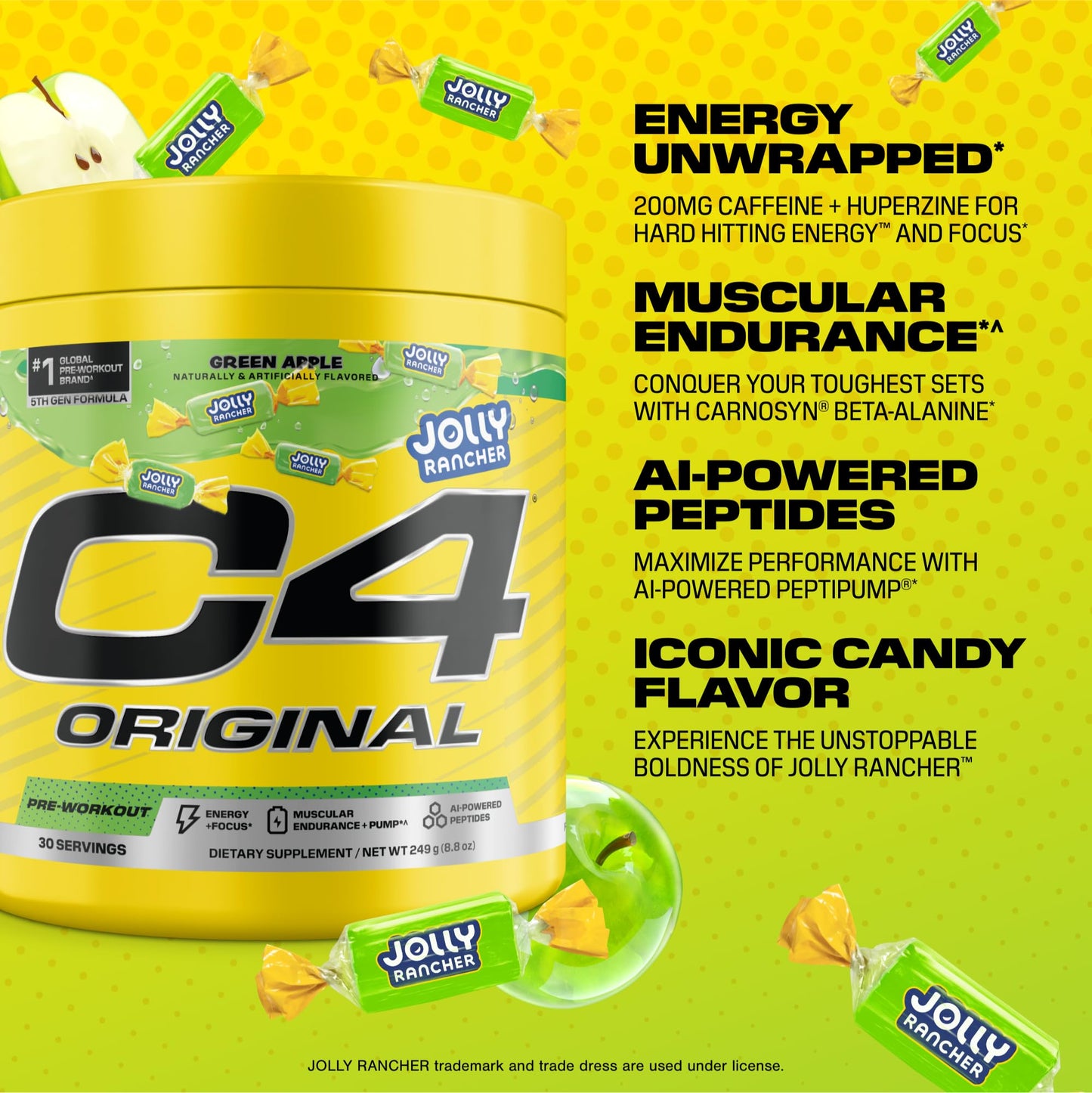 C4 Original Pre Workout Powder, Jolly Rancher Green Apple, 8.78 Ounce