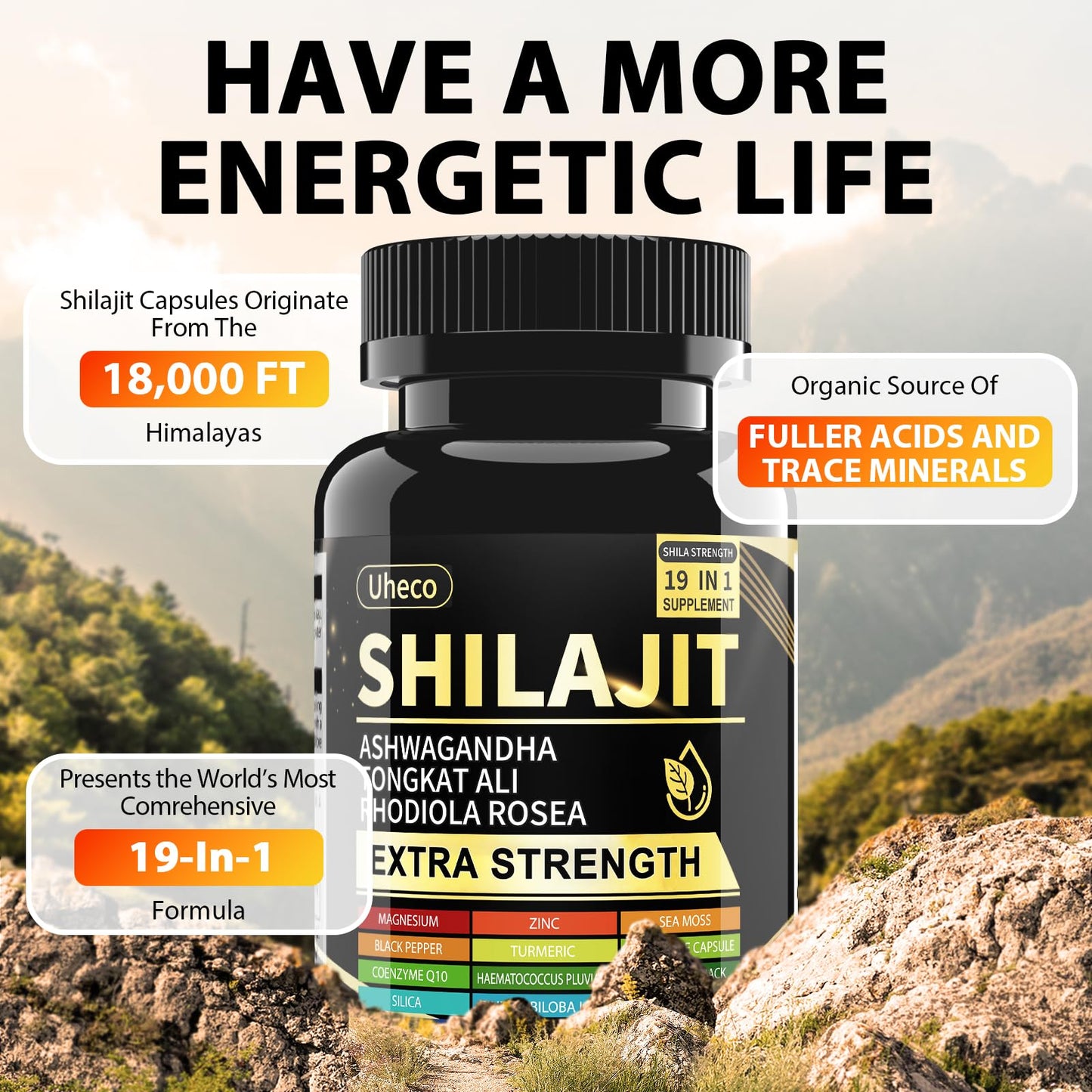 Uheco Shilajit Pure Himalayan Organic Fulvic Acid Capsules 90 Count