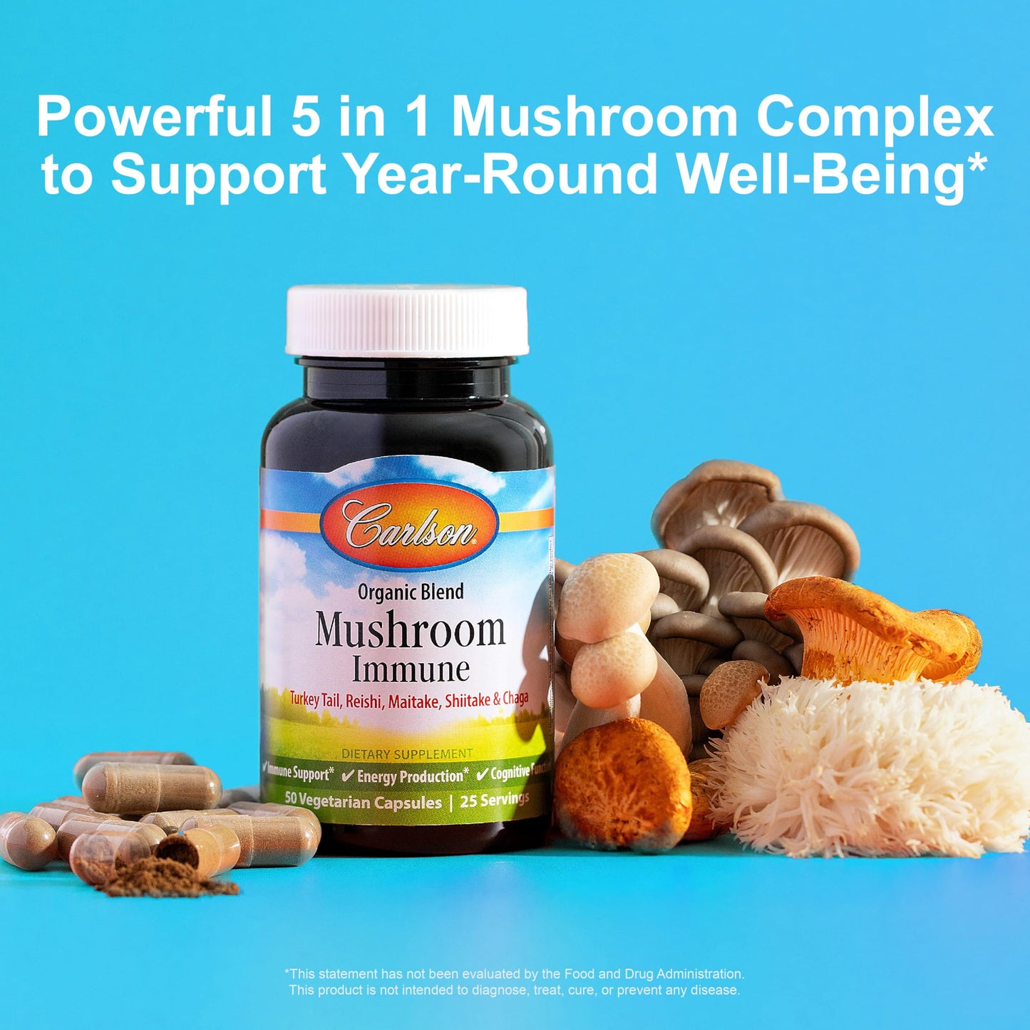 Carlson Mushroom Complex, Organic Blend with Turkey Tail, Reishi, Maitake, Shiitake, Chaga, Non-GMO, 50 Capsules