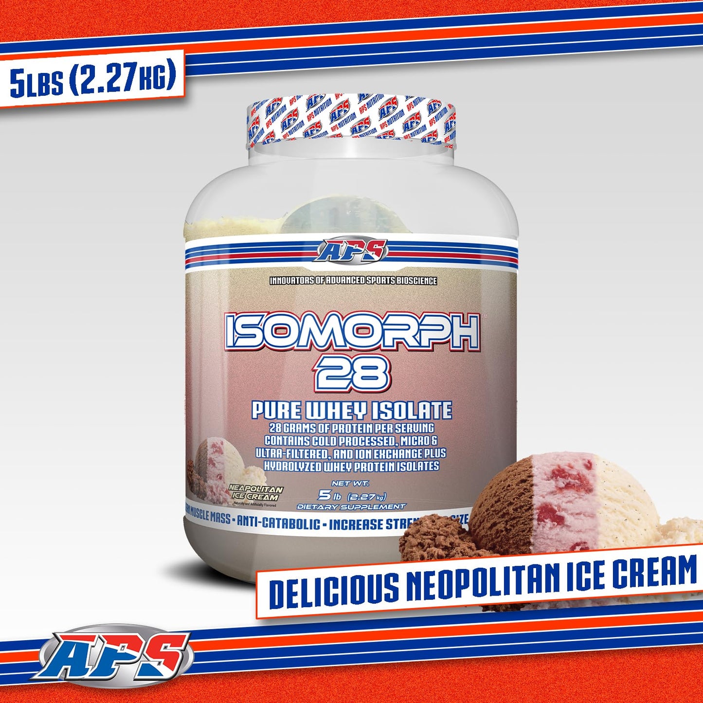APS Nutrition Isomorph 28 Protein Powder, Neapolitan Ice Cream, 5 lb (80)