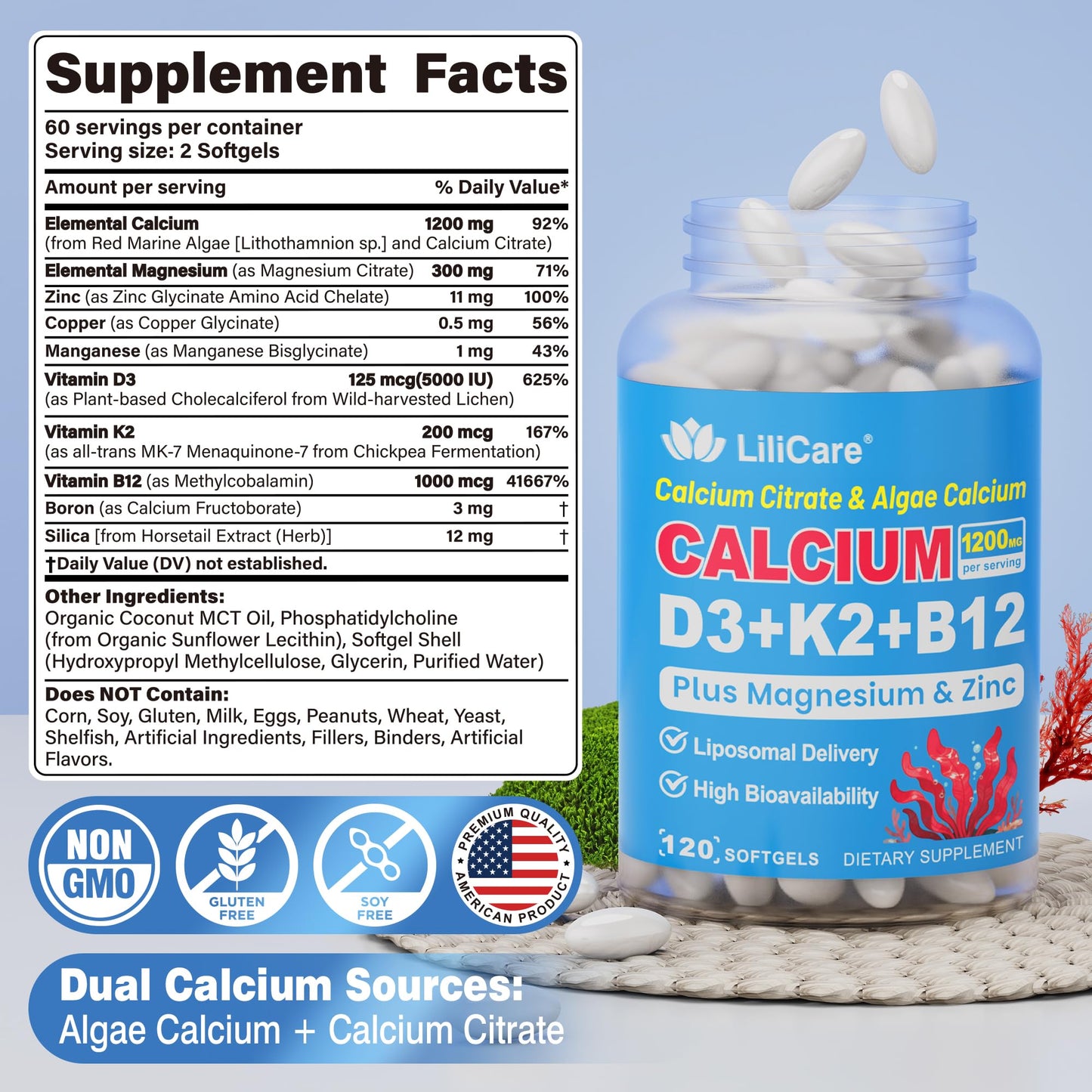 LILICARE Calcium 1200 mg with Vitamin D3 K2 Softgels, 120 Count