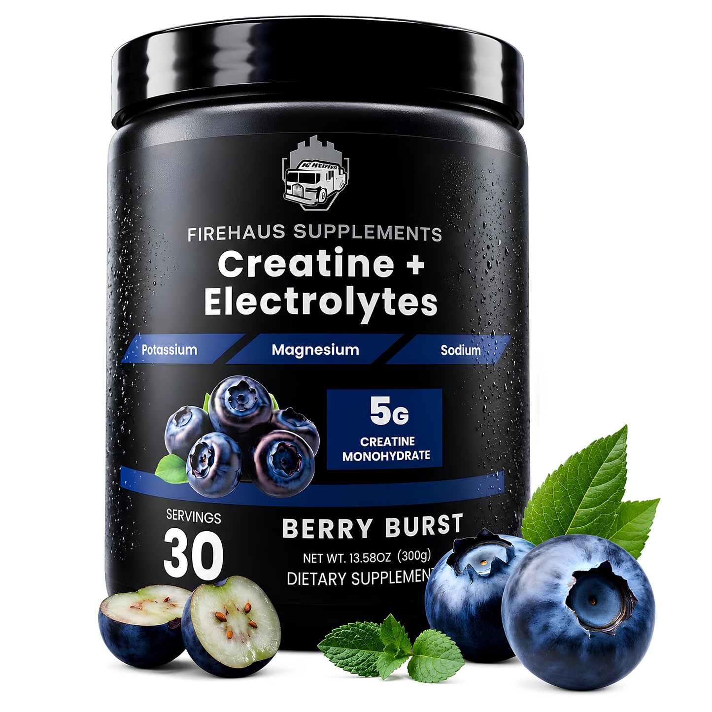 FireHaus Supplements Creatine + Electrolytes, Berry Burst Flavor, 5g Creatine Monohydrate with Potassium, Magnesium, and Sodium for Strength, Hydration, and Recovery Support Powder, 13.58 Ounce