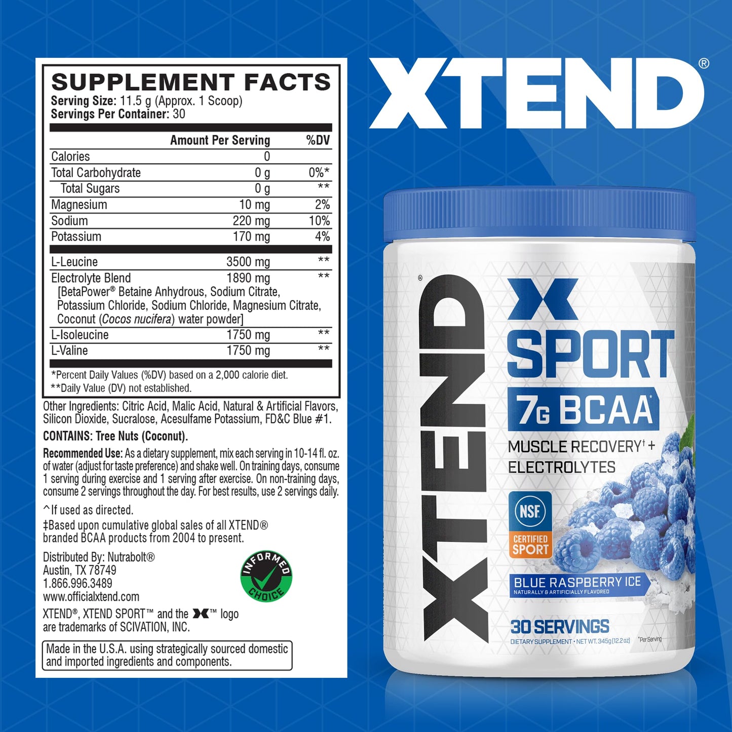 Scivation XTEND Sport BCAA Powder Blue Raspberry Ice 12.2 Ounce