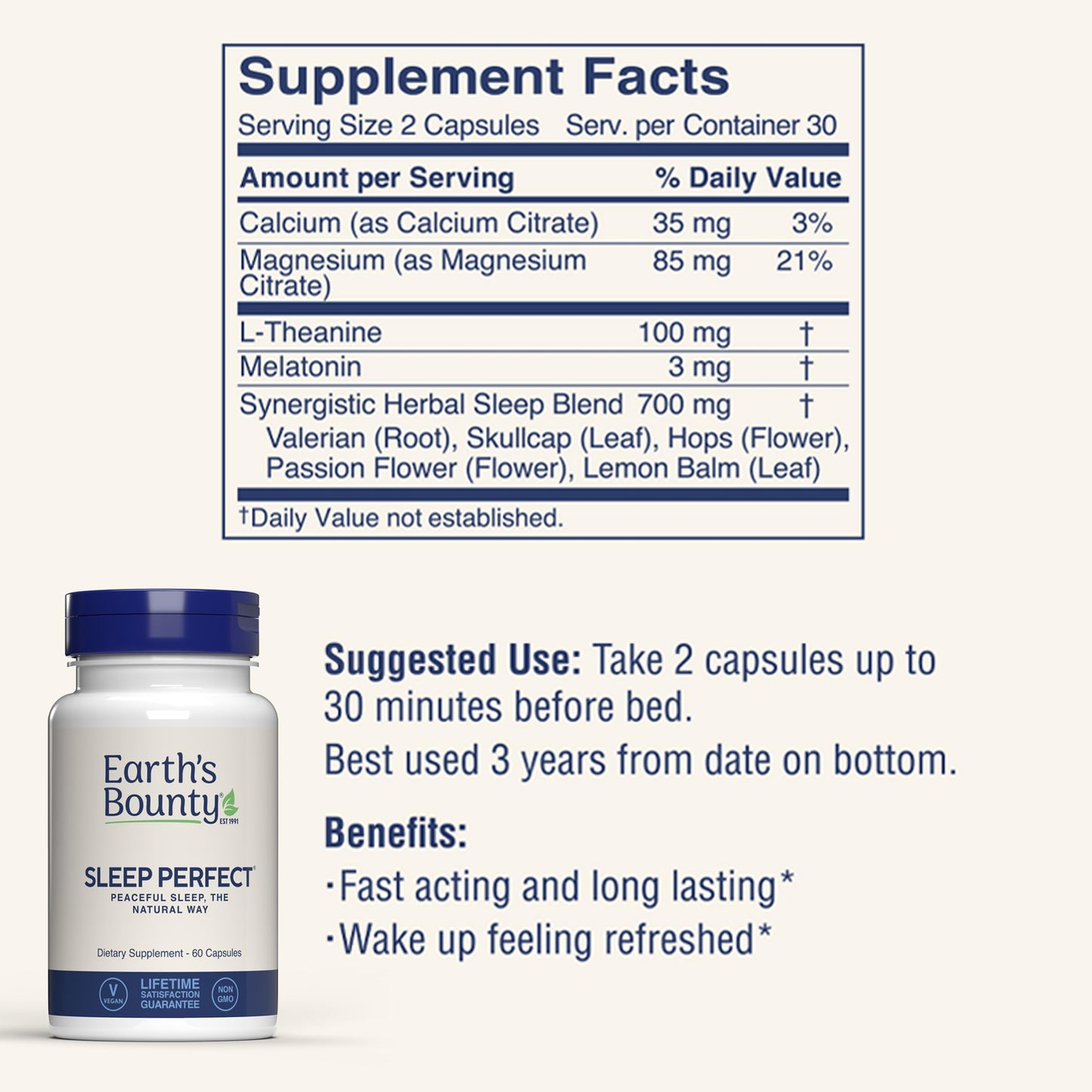 Earth's Bounty Sleep Perfect Natural Sleep Aid with Herbal Extracts and L-theanine No Grogginess Capsule 60 Count