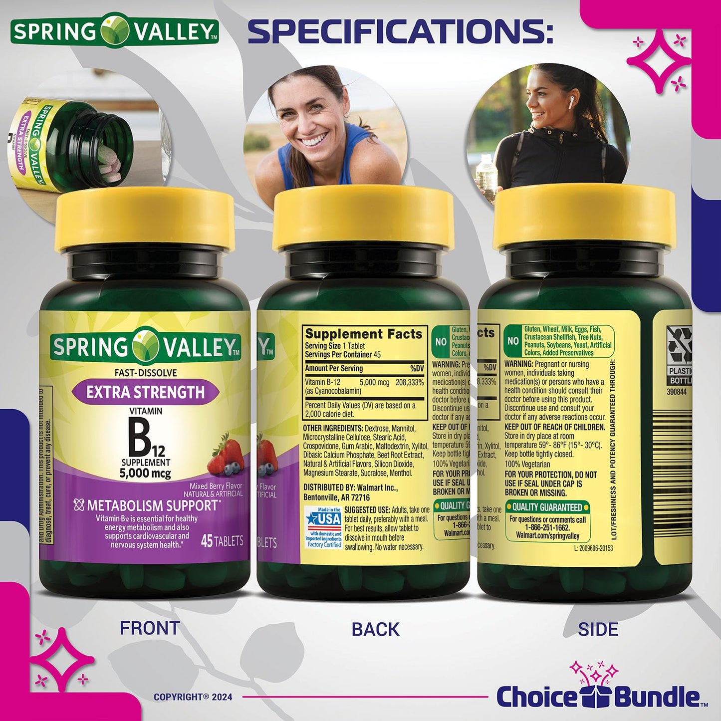 Choice Bundle Vitamin B12 Fast Dissolve Tablets Extra Strength Metabolism Support 5000 mcg, 45 Tablets
