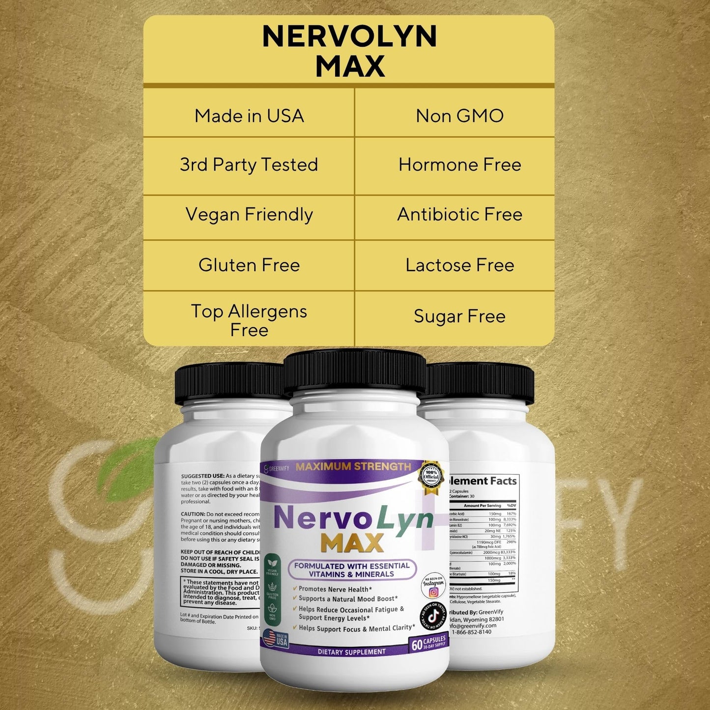 GREENVIFY NervoLyn Max Maximum Strength Nerve Support Supplement Capsules, 60 Capsules
