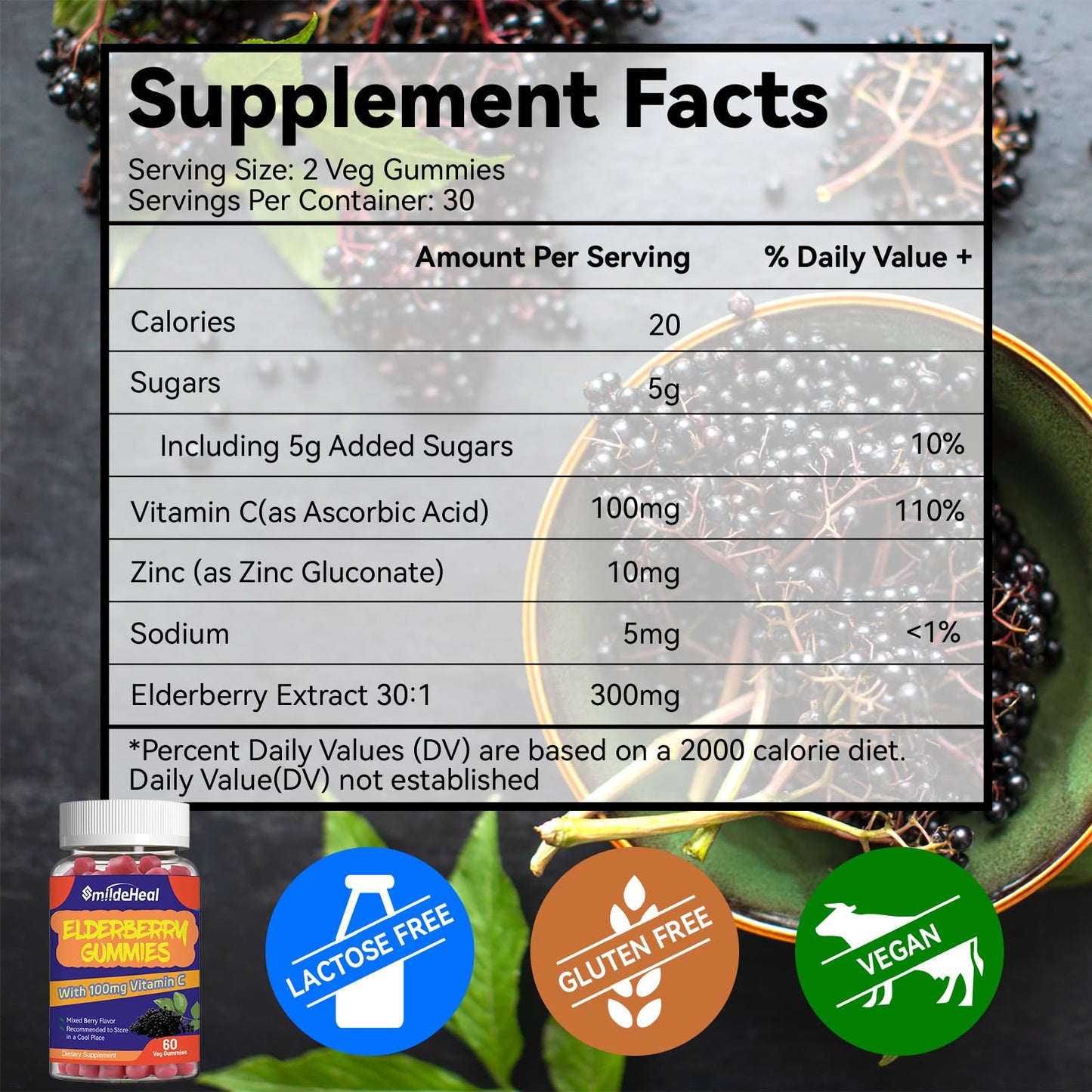 SmildeHeal Elderberry Gummies with Vitamin C and Zinc, 60 Gummies