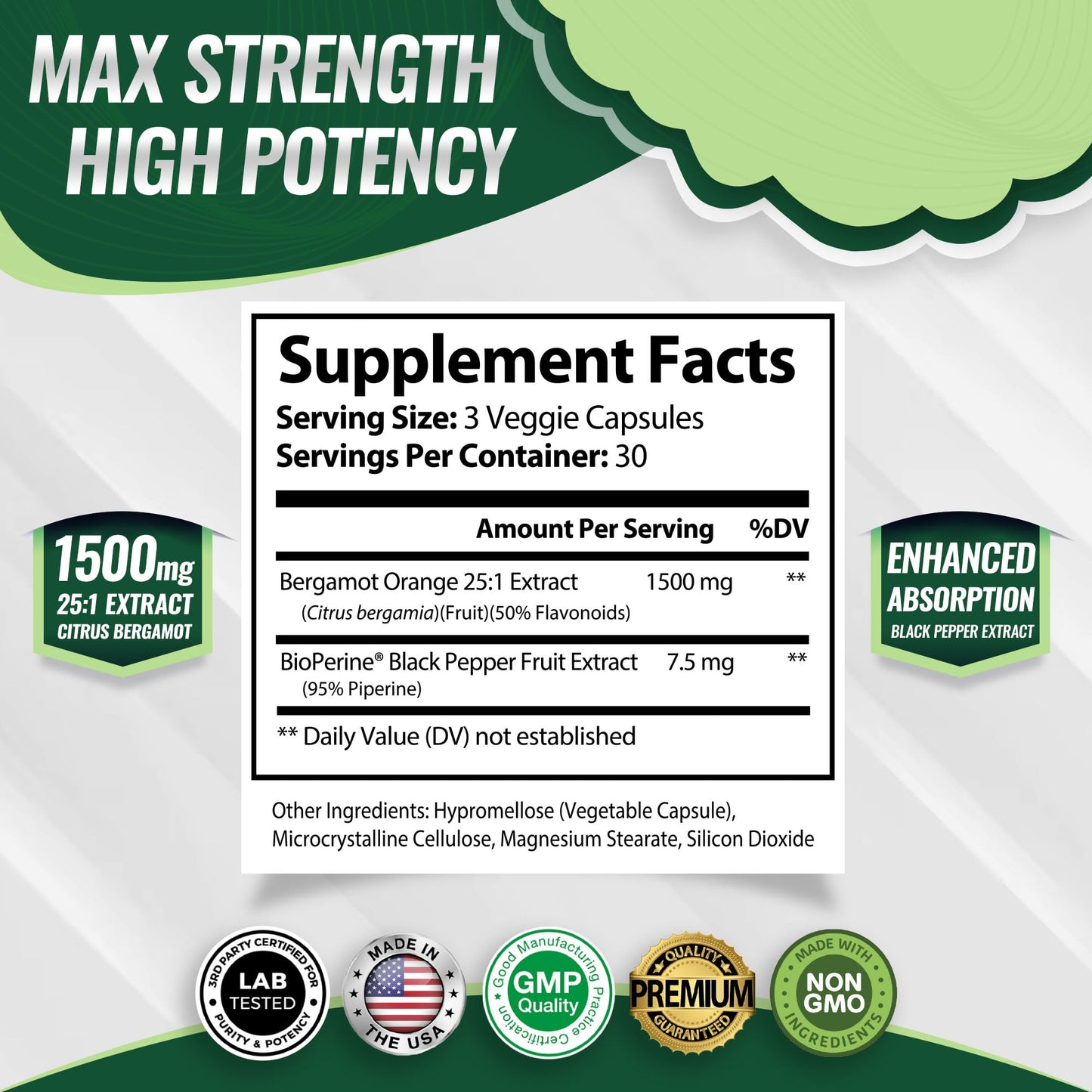 Toplux Citrus Bergamot Supplement 1500mg 25:1 Bergamot Extract Capsules 90 Count