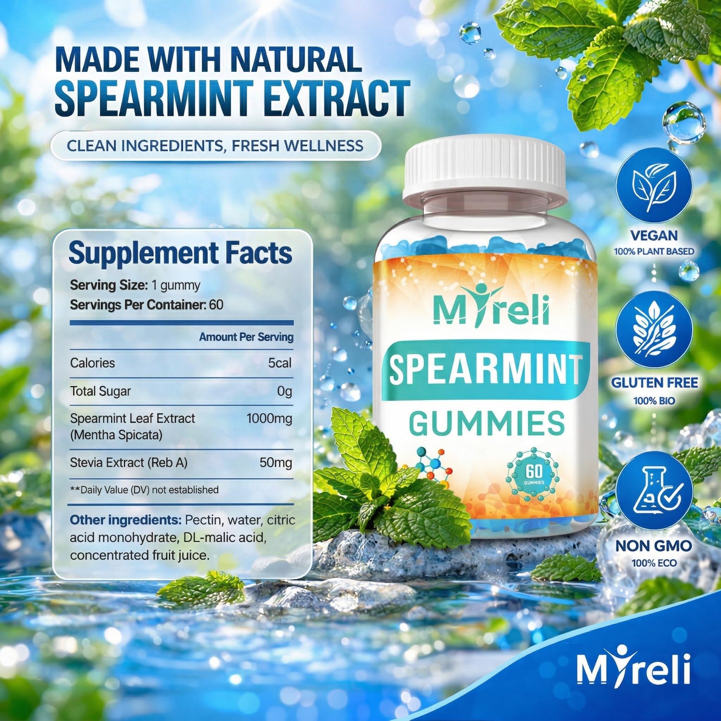 MYRELI Spearmint Leaf Extract 1000 mg Gummies, 60 Count