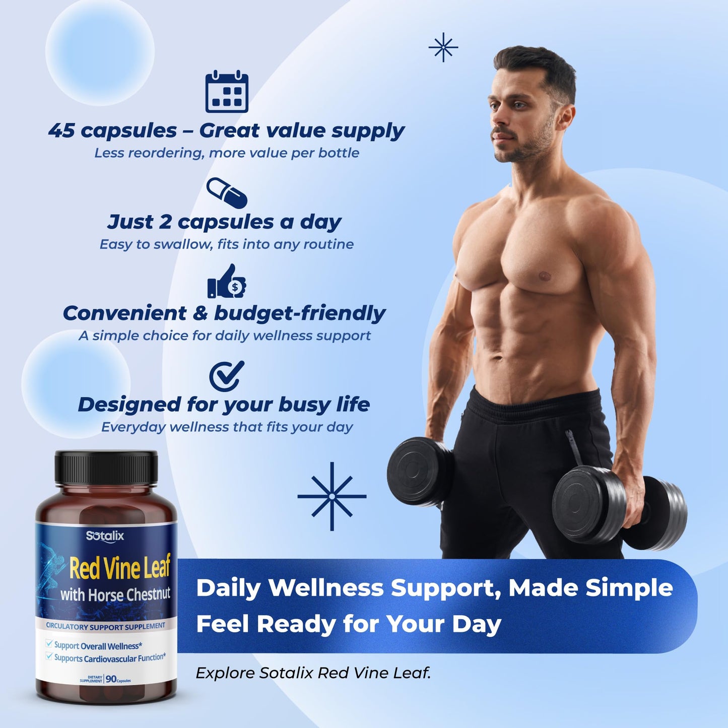 SOTALIX SUPPLEMENT Red Vine Leaf and Horse Chestnut, 50% Flavonoids for Leg Vein Support, Skin, Heart Wellness Capsules 90 Count