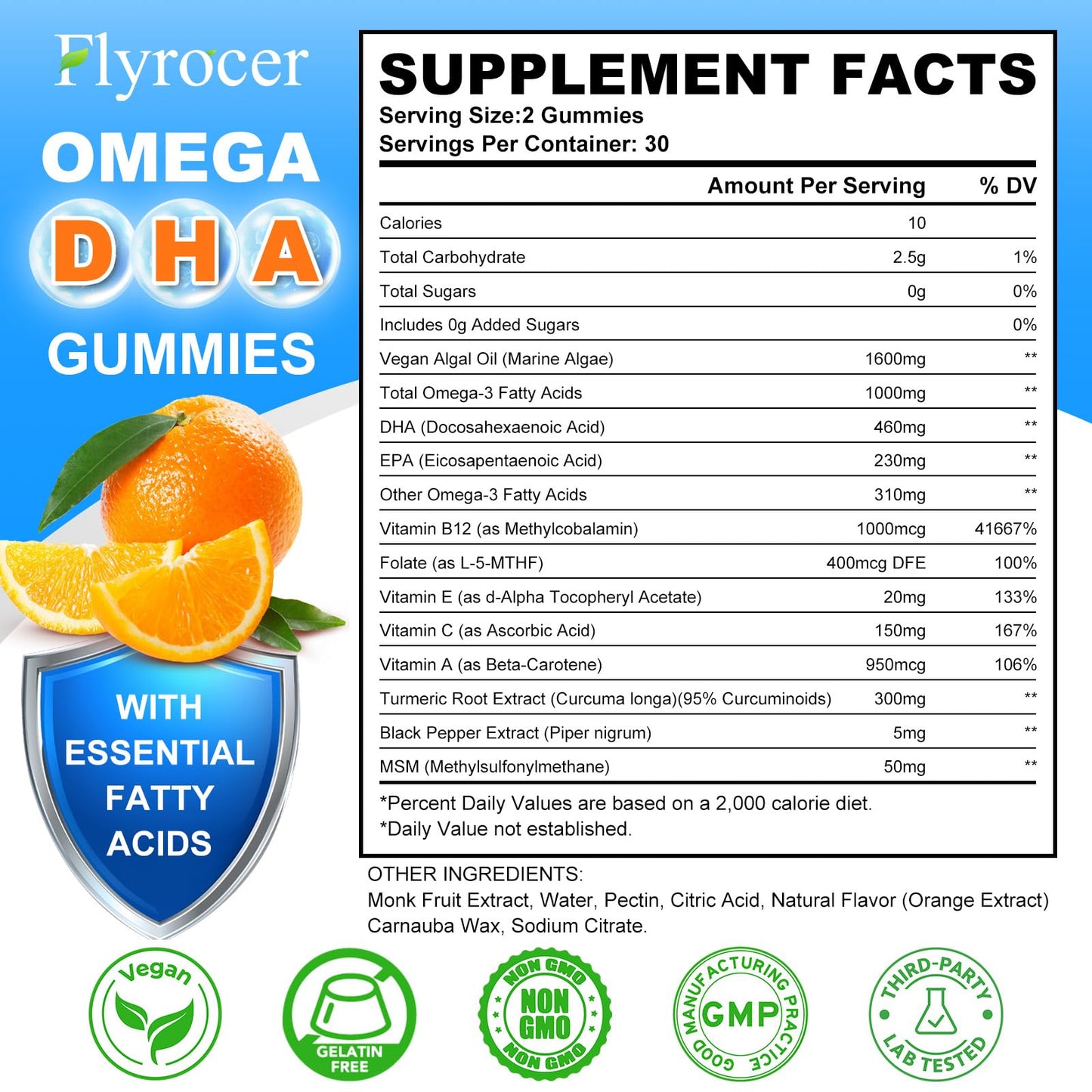 Flyrocer Vegan Omega-3 Gummies with Algal Oil DHA & EPA, 120 Gummies