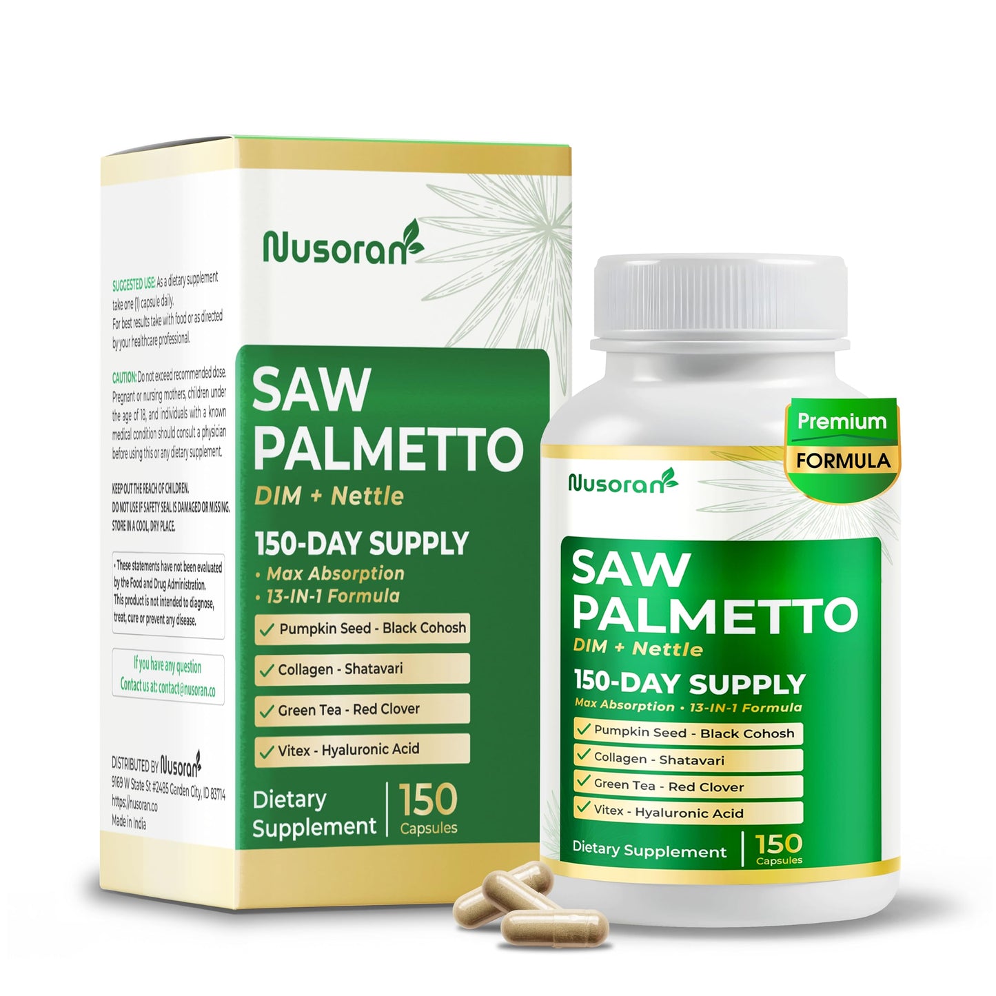 NUSORAN Ultra Saw Palmetto - 13-in-1 with DIM, Nettle, Pumpkin Seed, Collagen, Vitex - Max Absorption, 150 Capsules