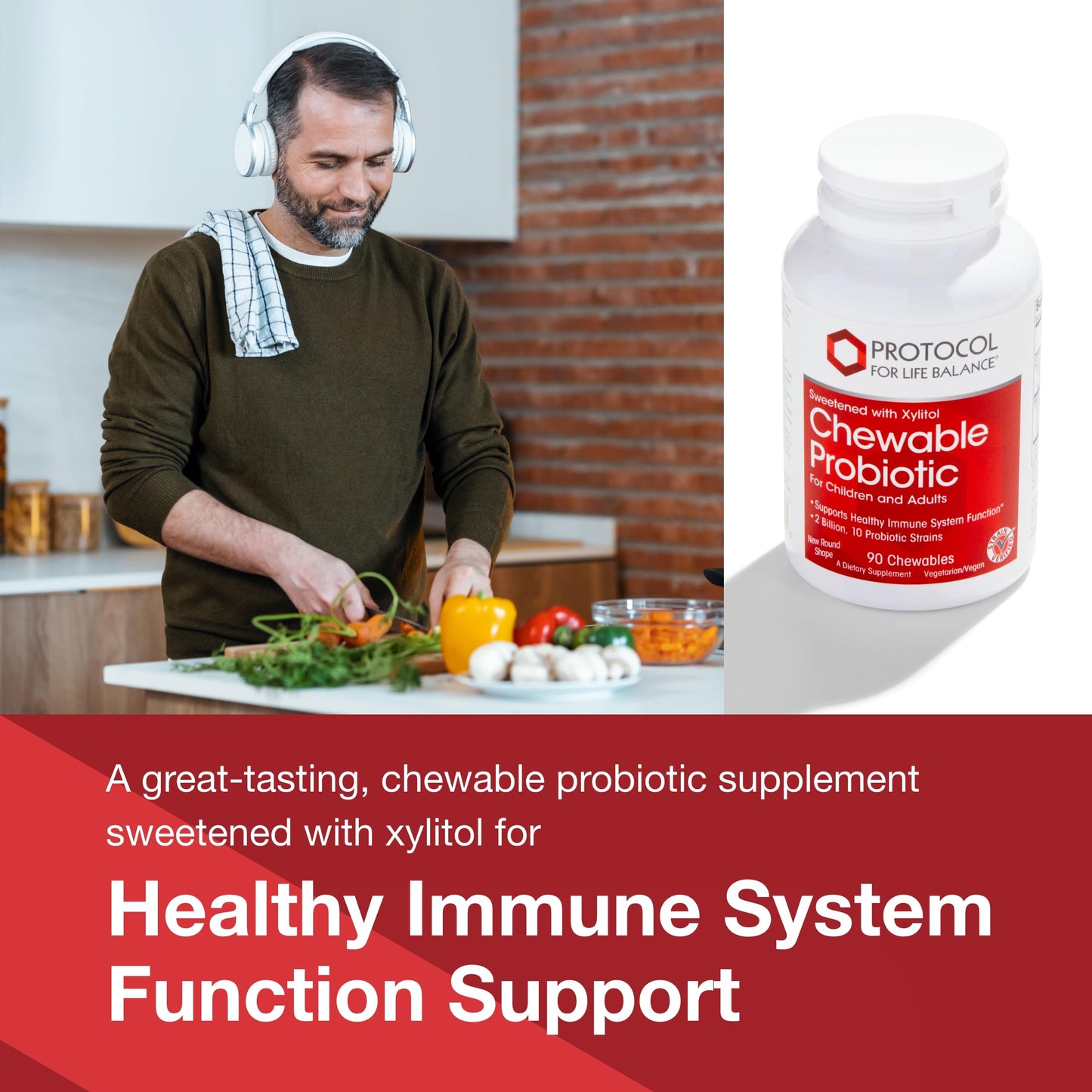 PROTOCOL FOR LIFE BALANCE Chewable Probiotic - 2 Billion CFU - Digestive Health & Immune System Support - Xylitol & Sorbitol - Lactobacillus Rhamnosus Probiotic - Halal & Vegan, 90 Chewables
