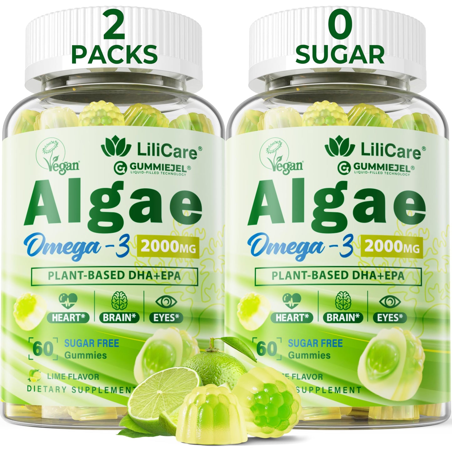 LILICARE Omega 3 Gummies from Algae Oil 2200mg (DHA 640mg & EPA 290mg), Vegan with CoQ10, Astaxanthin, Vitamin A, E, D3, Sugar Free, 120 Gummies