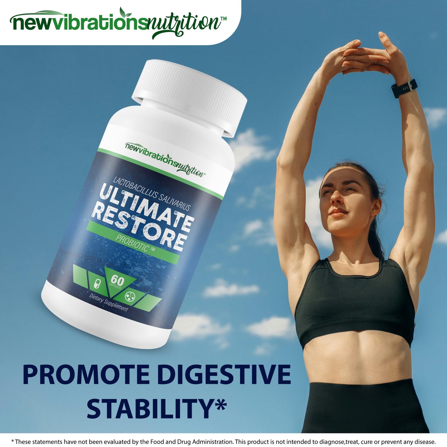 New Vibrations Nutrition Lactobacillus Salivarius Ultimate Restore Probiotic Capsule, 60 Count