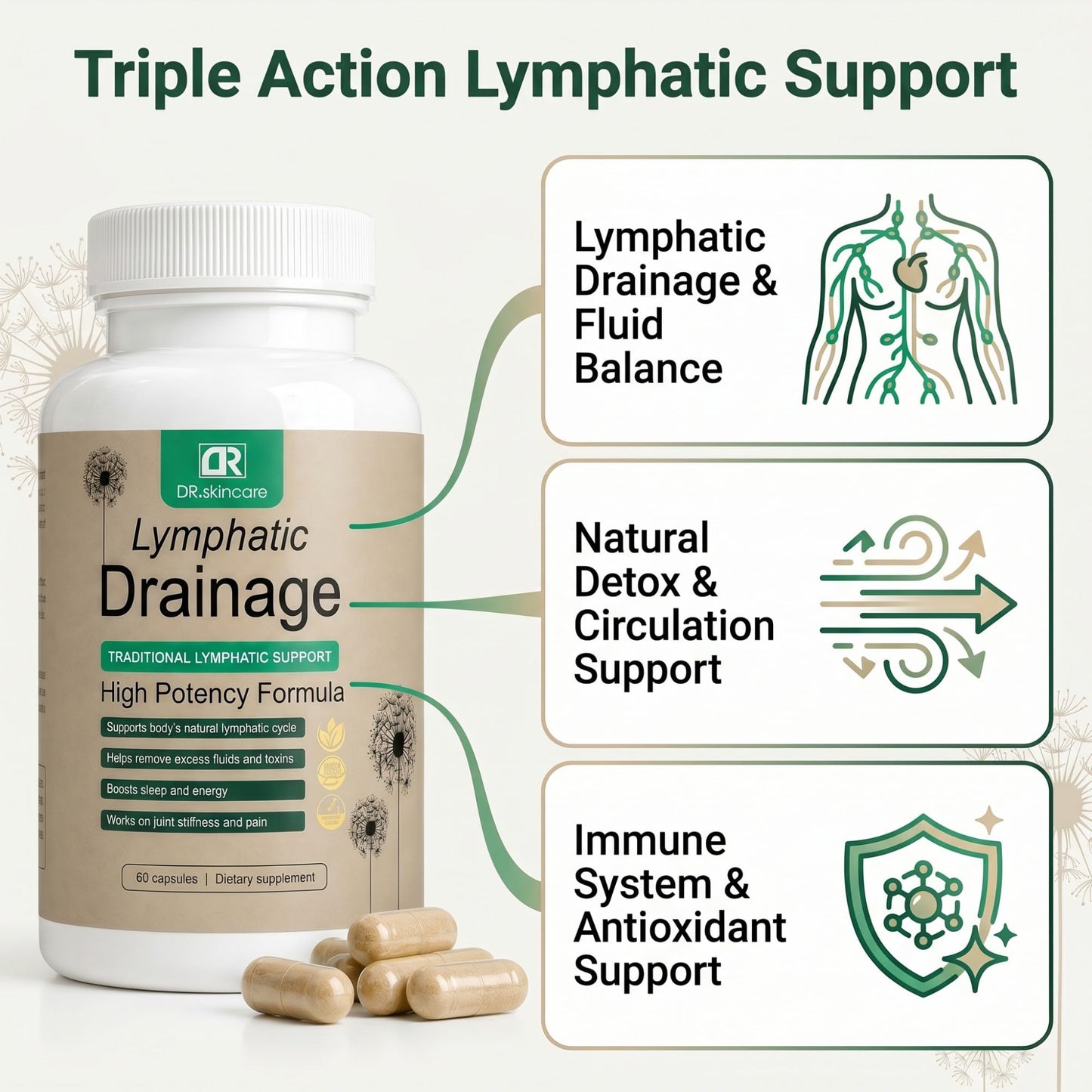 DR. SKIN CARE Lymphatic Drainage Support Supplement for Women and Men – Daily Wellness Softgels with Echinacea, Dandelion, Burdock Root, Cleavers – 60 Count
