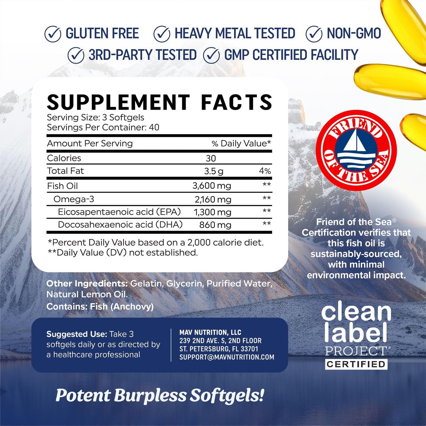 MAV NUTRITION Triple Strength Omega 3 Fish Oil Softgel 120 Count