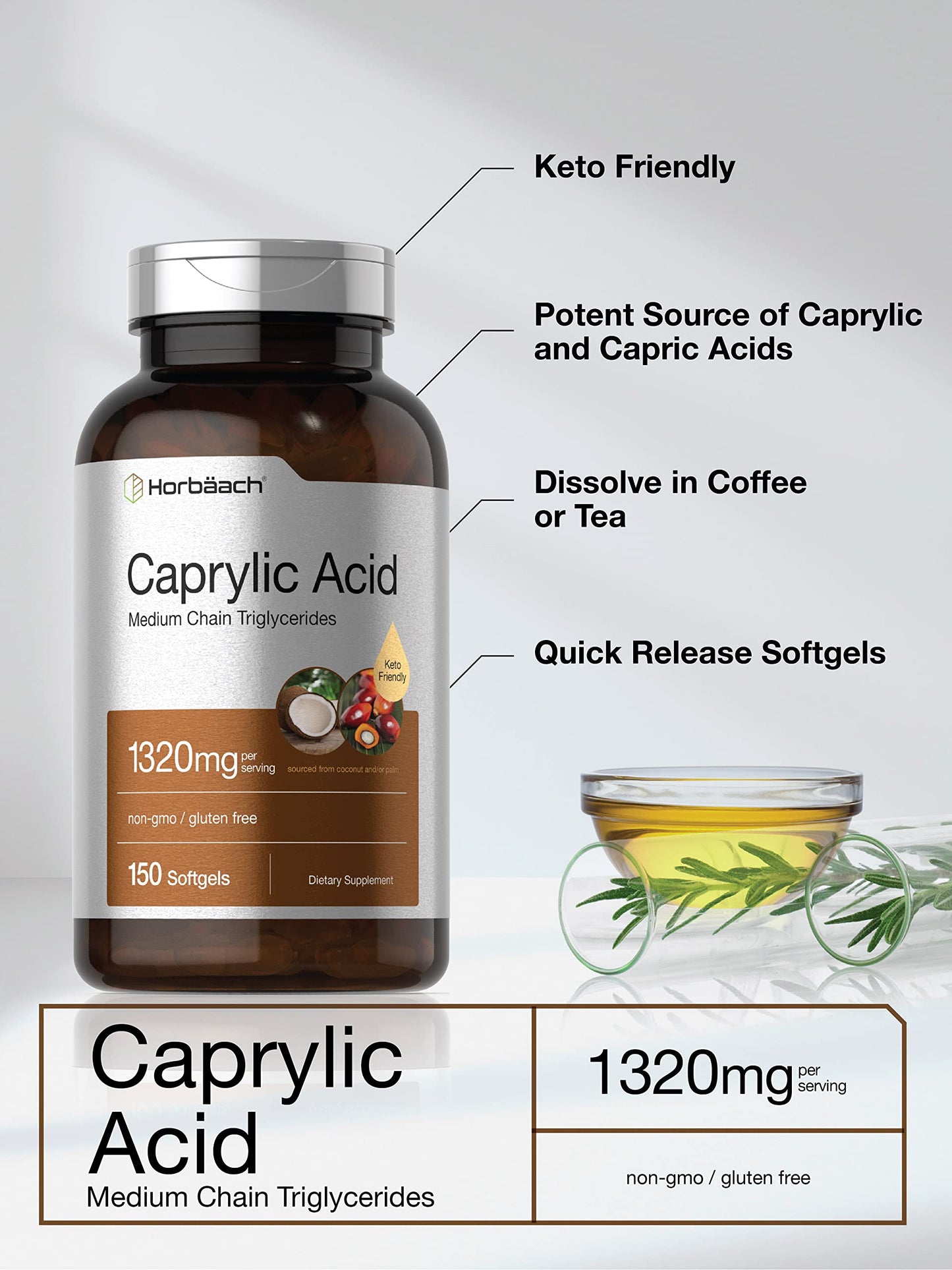 Horbäach Caprylic Acid Supplement 1320mg Softgel Capsules, 150 Count