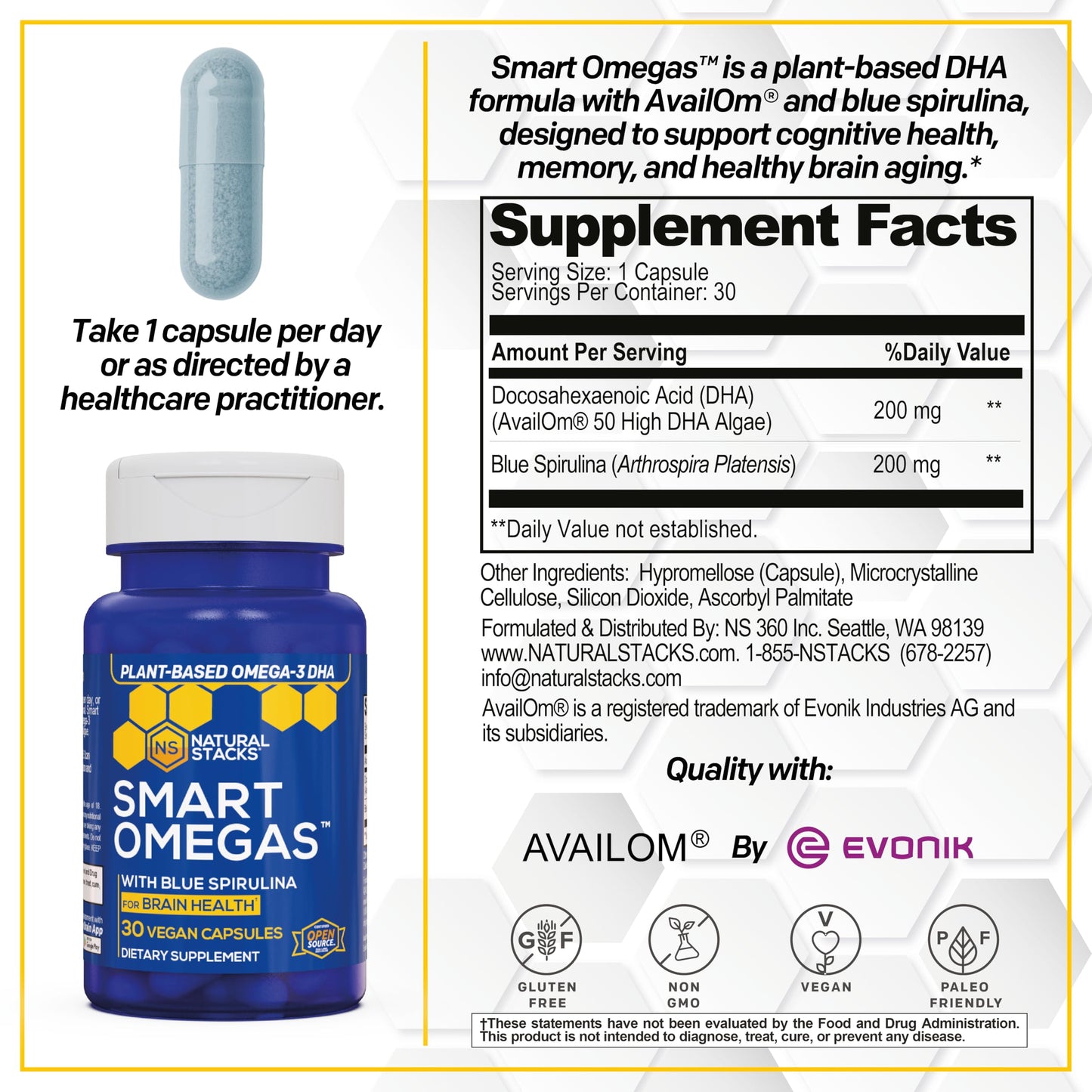 Natural Stacks Smart Omegas Algae Omega 3 with Blue Spirulina and DHA, 30 Capsules