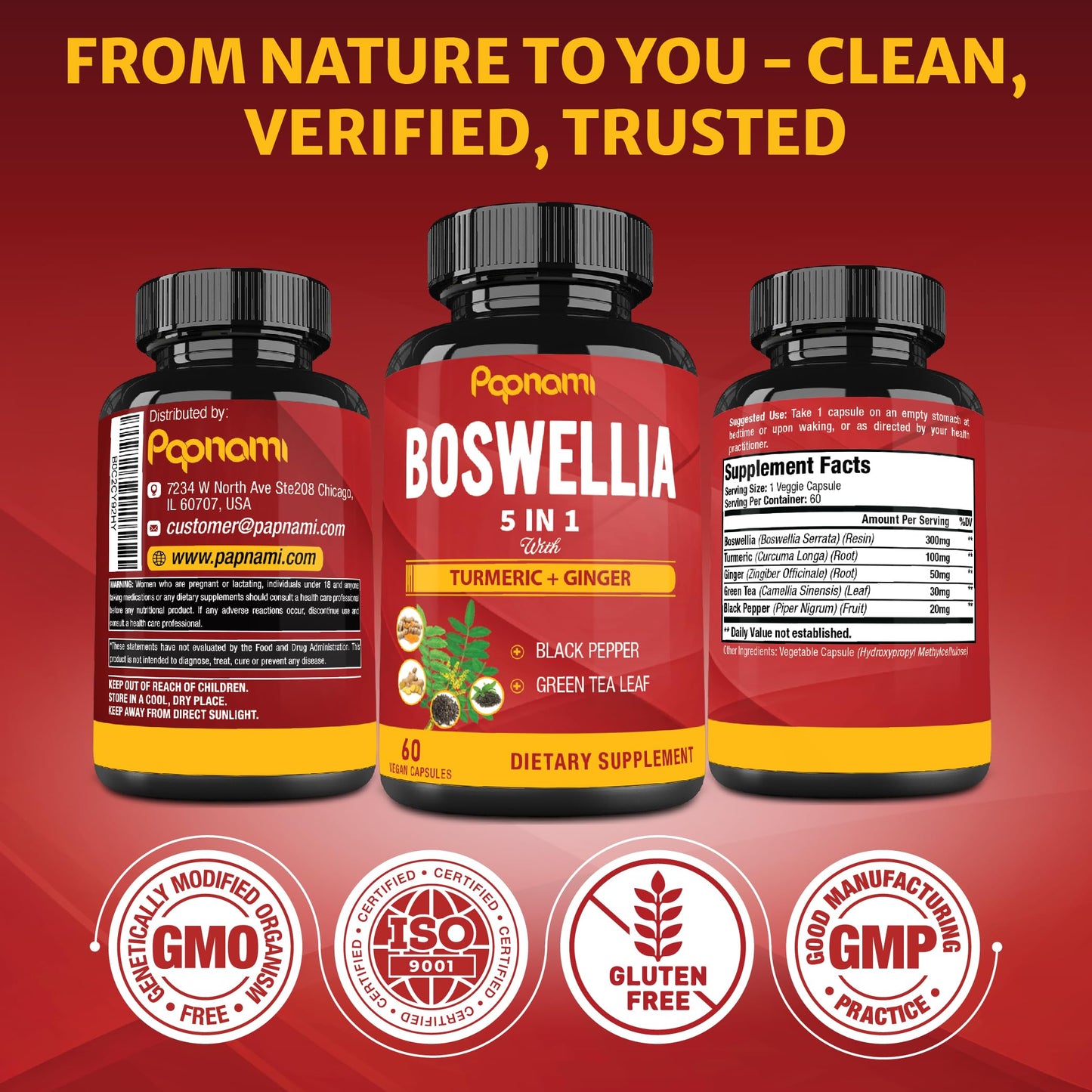 Papnami Organic Boswellia Serrata Extract Capsules with Turmeric, Ginger, Black Pepper & Green Tea, 60 Capsules