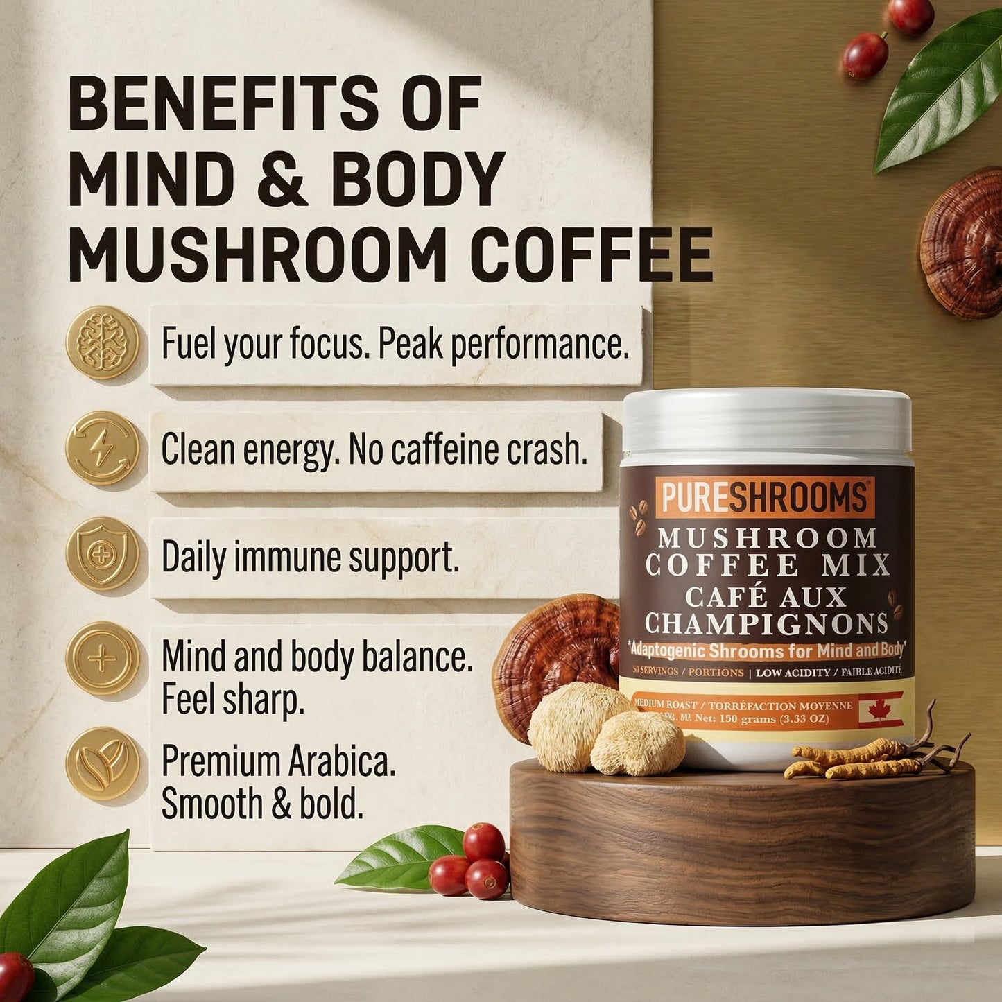 PureShrooms Instant Mushroom Coffee with Organic Lion’s Mane, Reishi & Cordyceps Powder, 3.53 oz