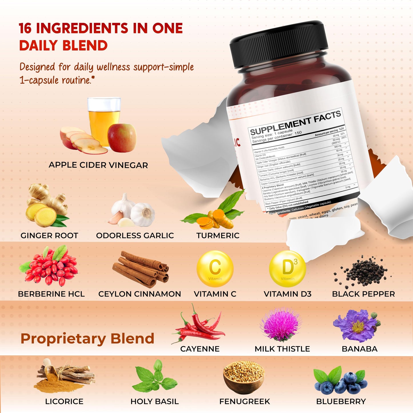 PEAKPURY Apple Cider Vinegar Ginger Odorless Garlic Turmeric Berberine Capsules, 150 Count