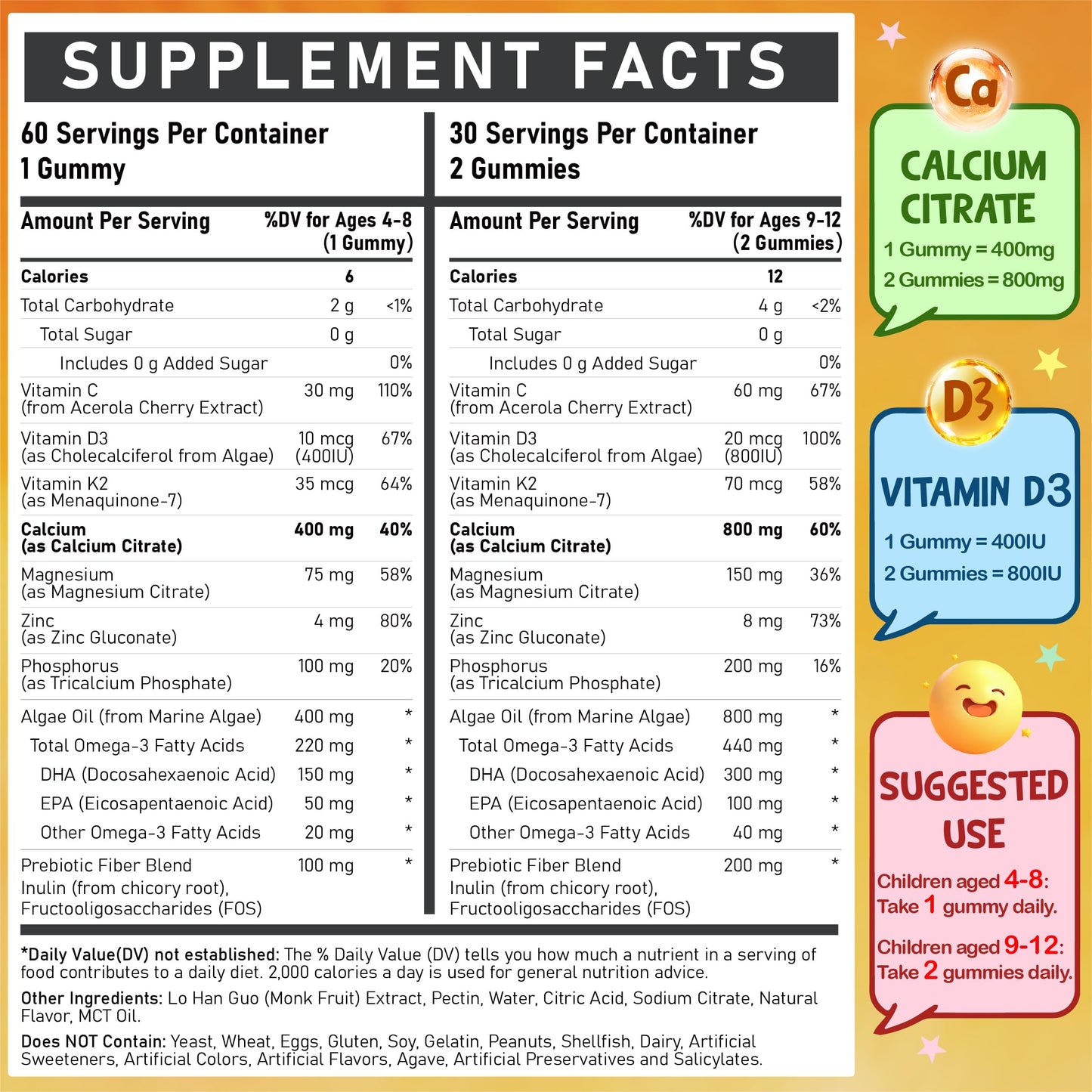 Edmmyliy Kids Calcium Gummies with Vitamin D3 K2 - Calcium Citrate with Magnesium, Zinc, Omega-3 and Probiotics for Kids Bone Health, Digestive & Development Support - Sugar Free, Non-GMO, Vegan, 60 Gummies