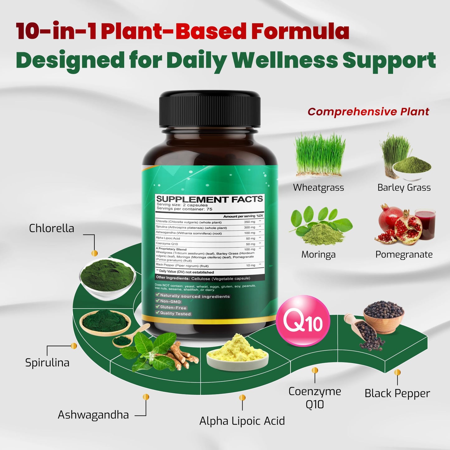 VEGATOT Premium Organic Chlorella Complex 10-in-1 Formula Capsules, 150 Count