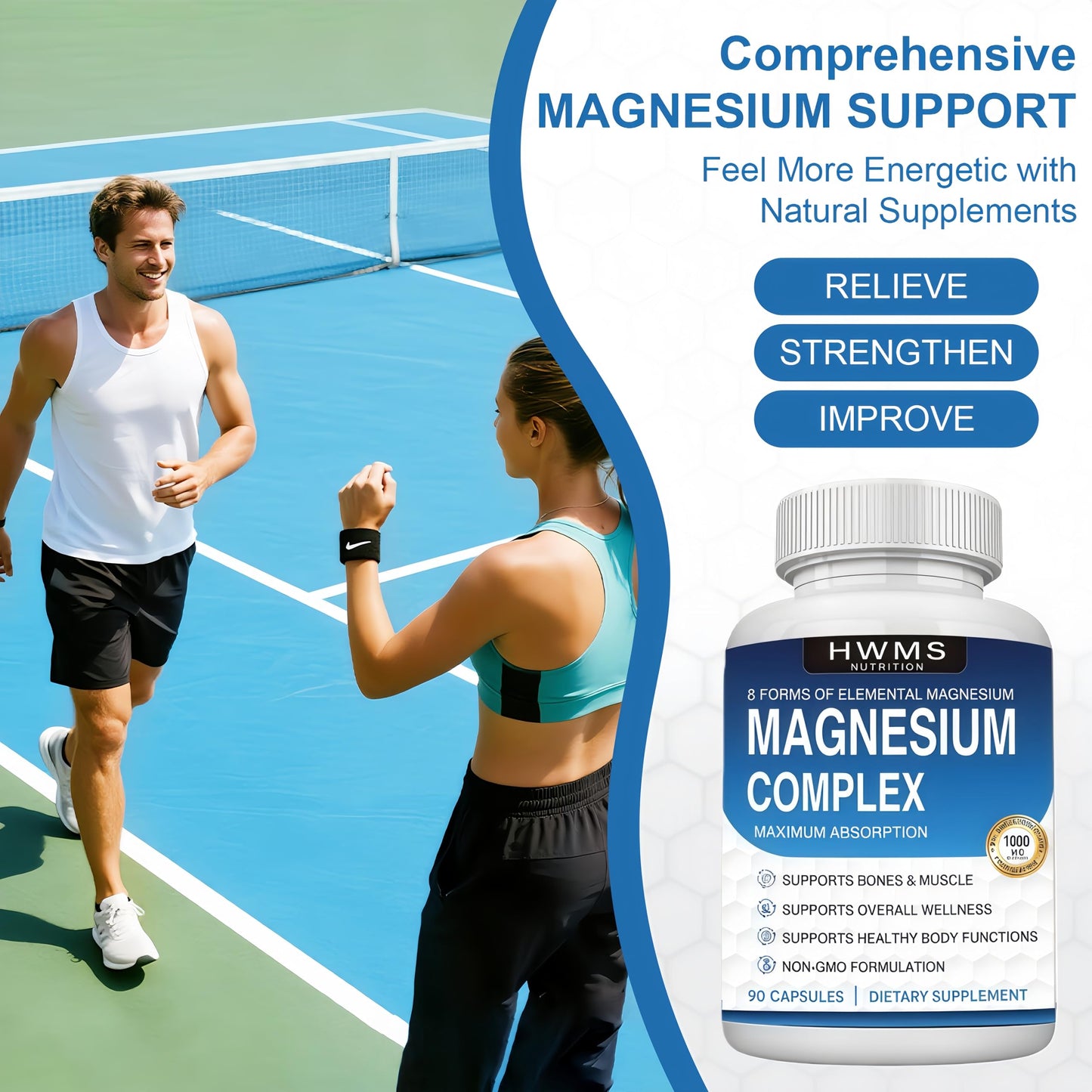 HWMS Magnesium Complex 8 Elemental 1000mg Magnesium Glycinate, Taurate, Malate Chelated for Easy Absorption for Bones, Muscle, Recovery, Energy, Vegan Non-GMO 90 Capsules