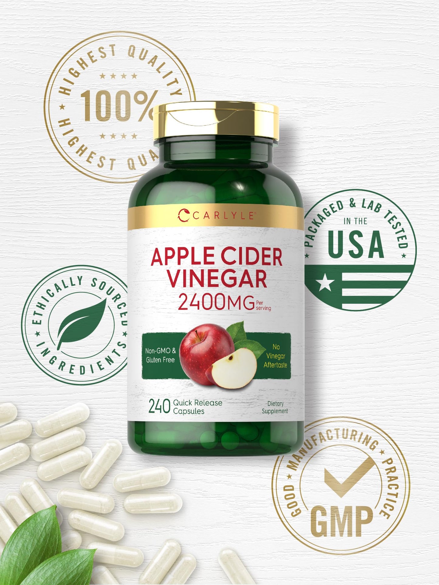 Carlyle Apple Cider Vinegar Capsules (2400mg), 240 Count, Non-GMO, Gluten Free