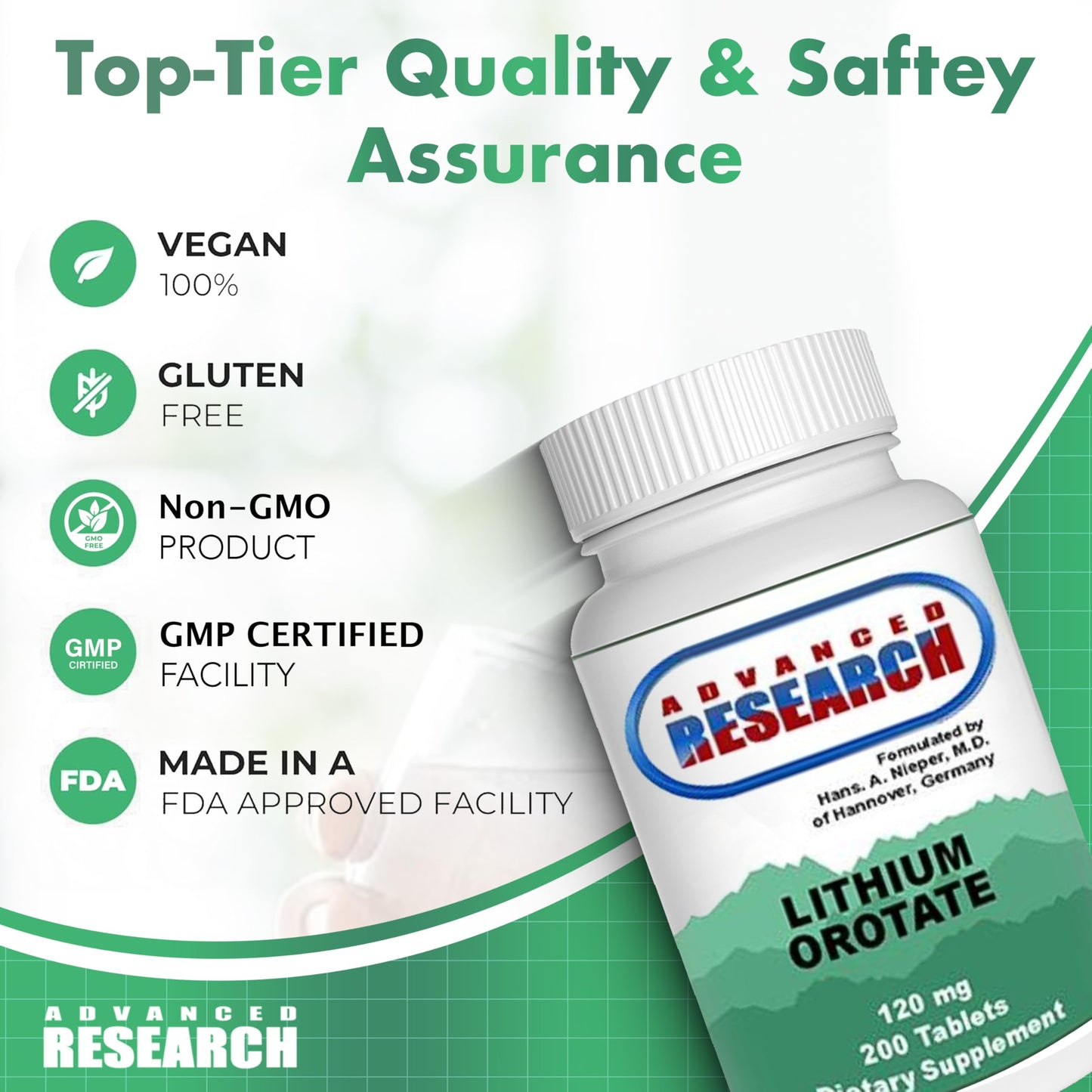 NCI Advanced Research Dr. Hans Nieper Lithium Orotate 5mg Tablets 200 Count