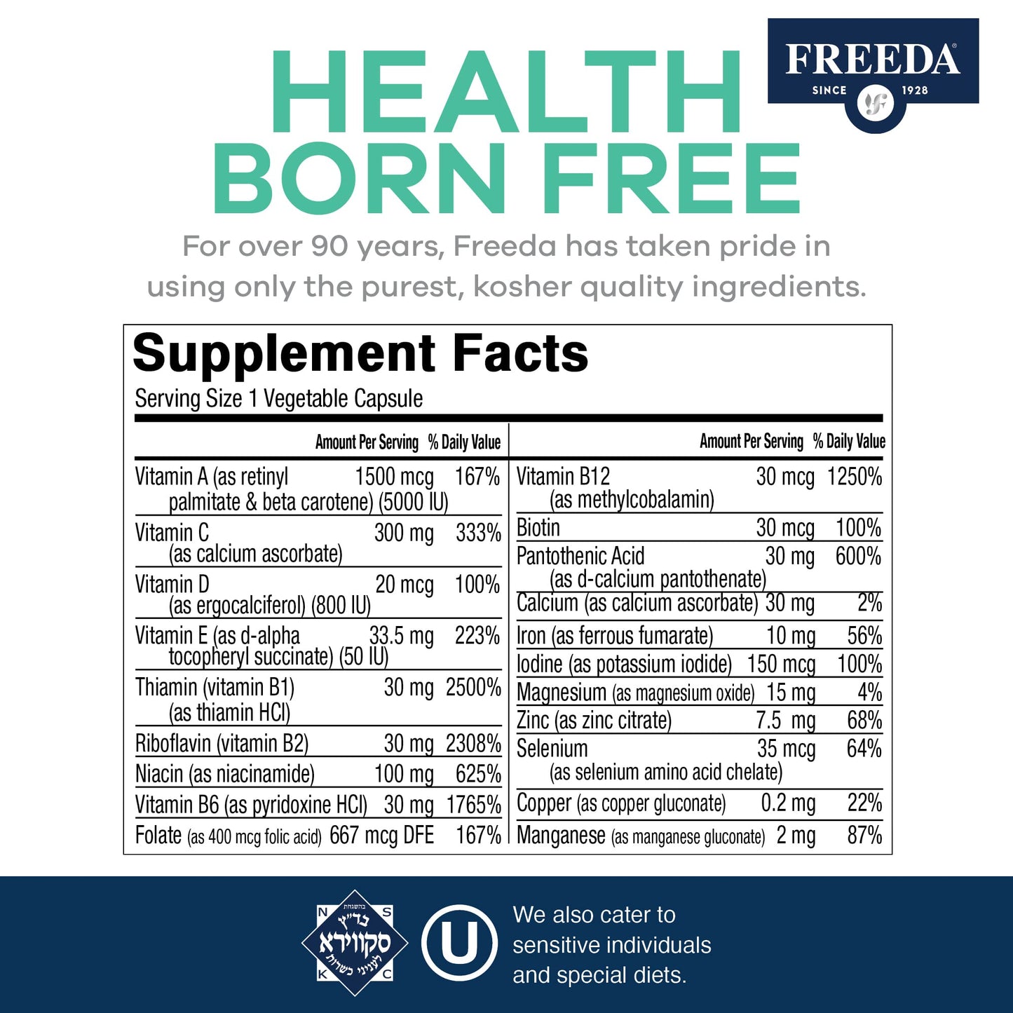 FREEDA Multivitamin One Daily Quintabs-M with Iron – Kosher Multivitamins for Women and Iron-Deficient Men, 250 Capsules