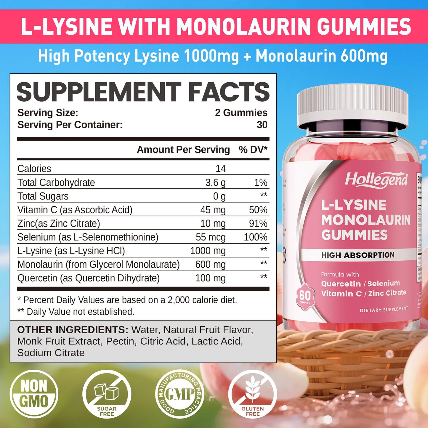 HOLLEGEND L-Lysine Monolaurin Gummies 1000mg, 60 Gummies