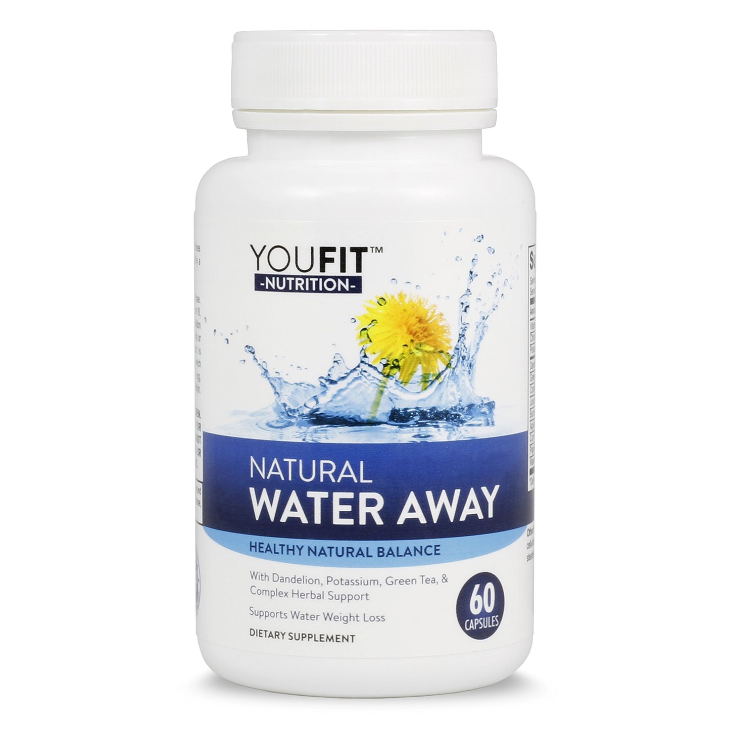 YouFit Nutrition Water Pills for Bloating & Fluid Balance, Natural Herbal Diuretic with Dandelion, Green Tea & Potassium, 60 Capsules