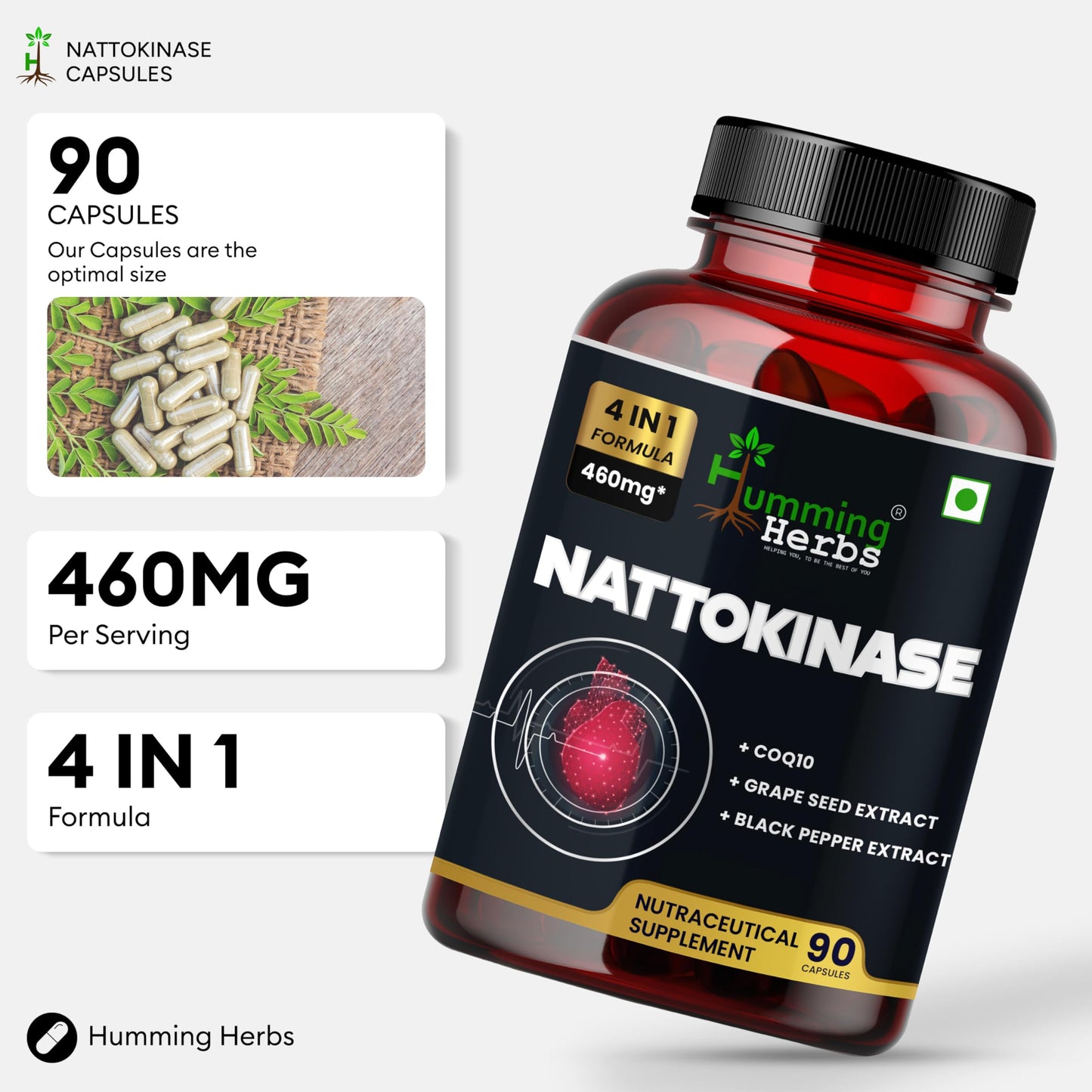 Humming Herbs Nattokinase 300 mg with CoQ10, Grape Seed Extract and Black Pepper Capsules, 90 Count