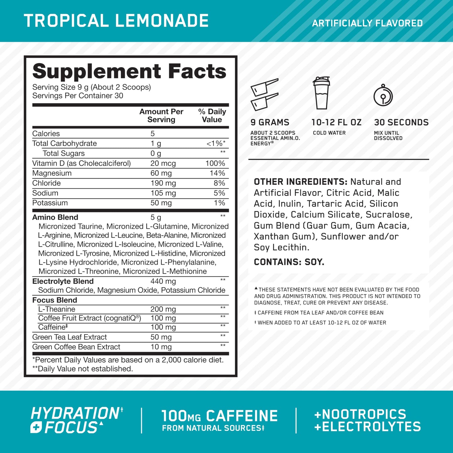 Optimum Nutrition Amino Energy Powder Plus Focus, Tropical Lemonade, 9.5 Ounce