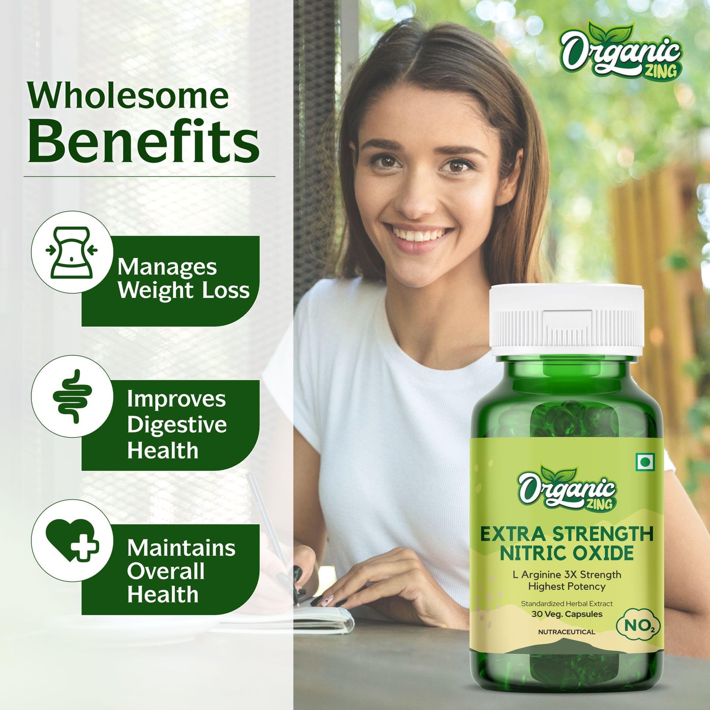 Organic Zing Extra Strength Nitric Oxide Supplement L Arginine Highest Potency, 30 Capsules