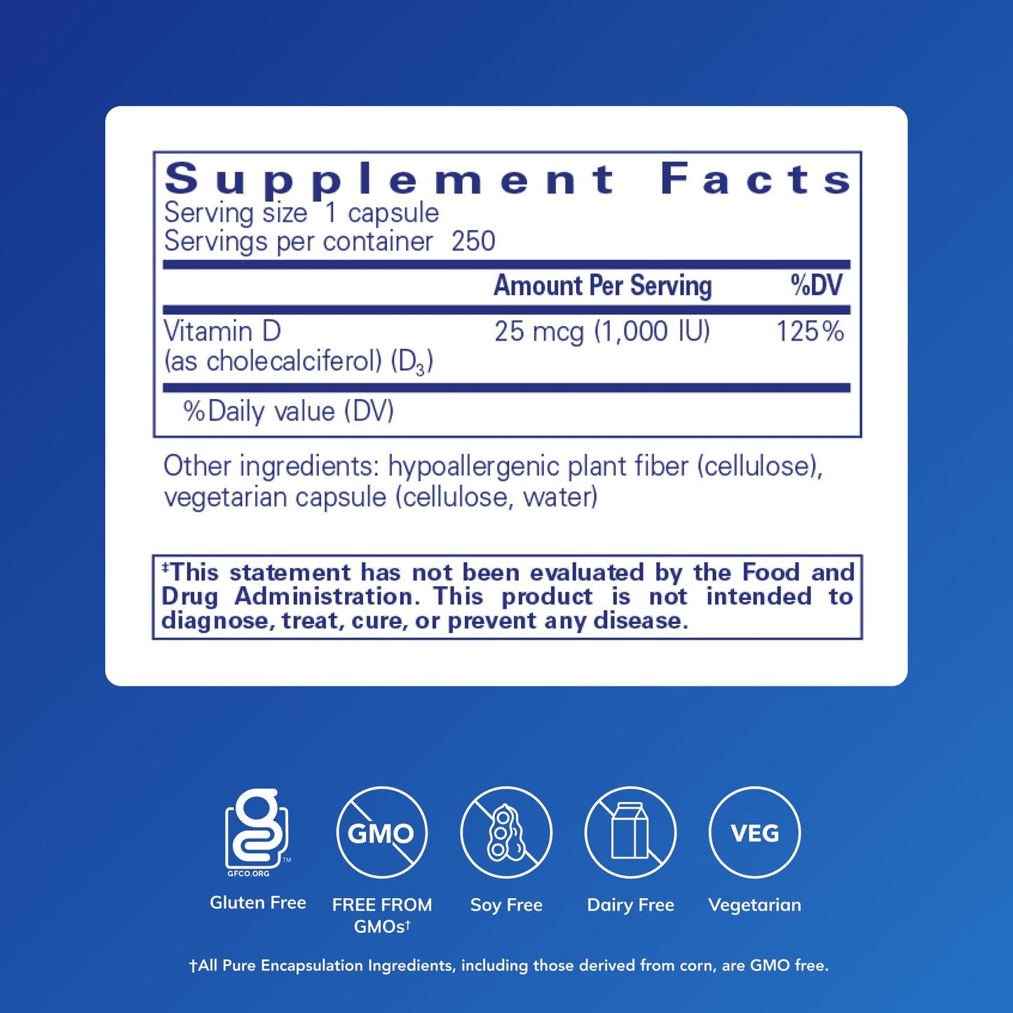 Pure Encapsulations Vitamin D3 25 mcg (1,000 IU) Capsules, 250 Capsules