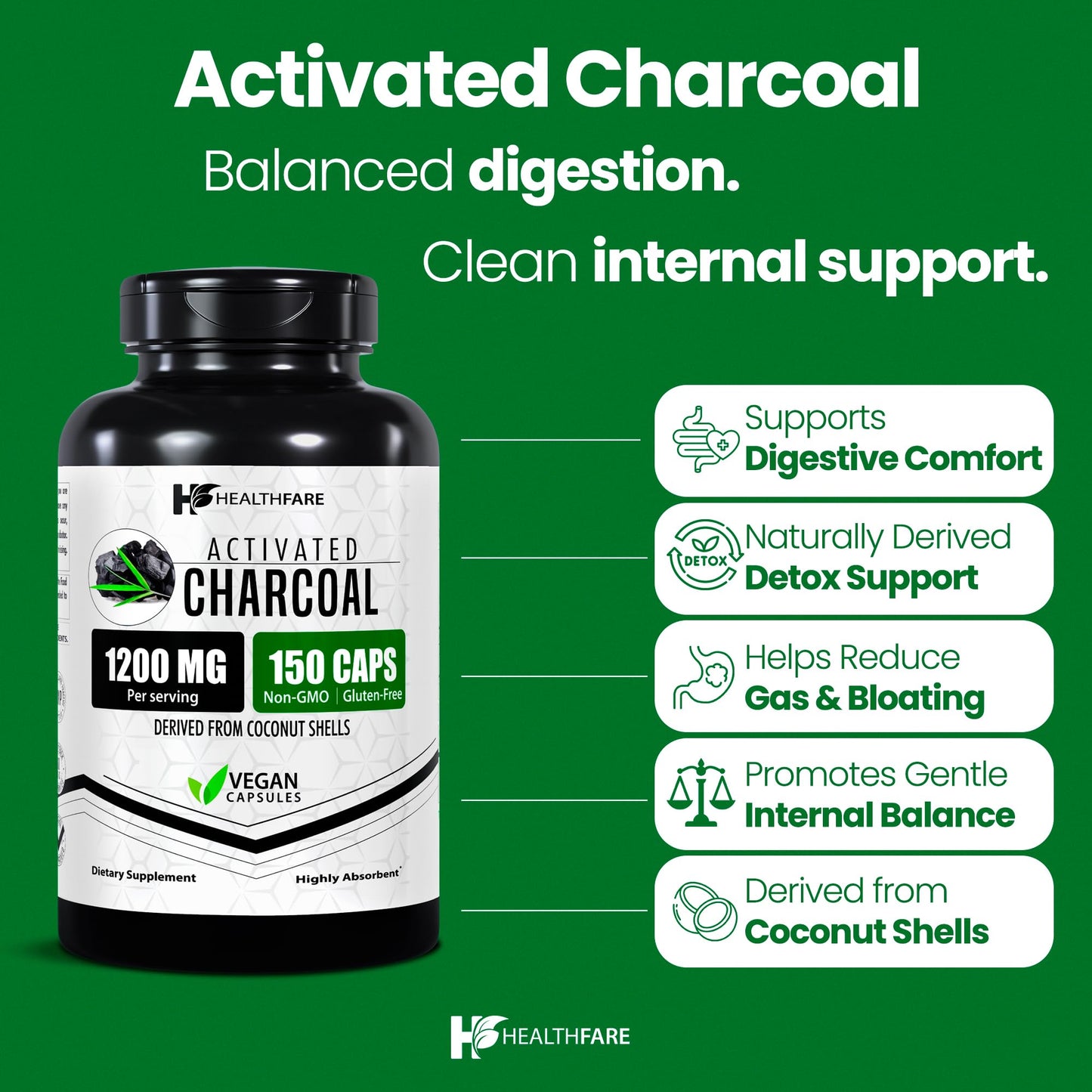 Healthfare Activated Charcoal Capsules 1200mg, 150 Capsules