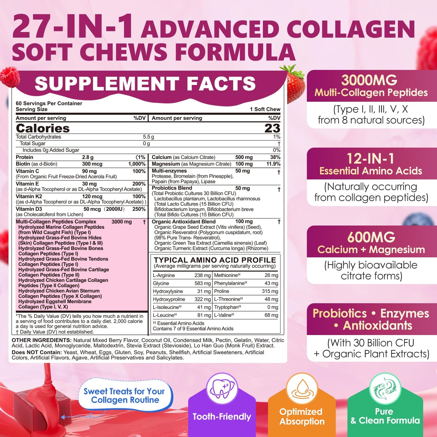 LILICARE Collagen Gummies + Biotin Soft Chews 3000mg, Chewable, 60 Count