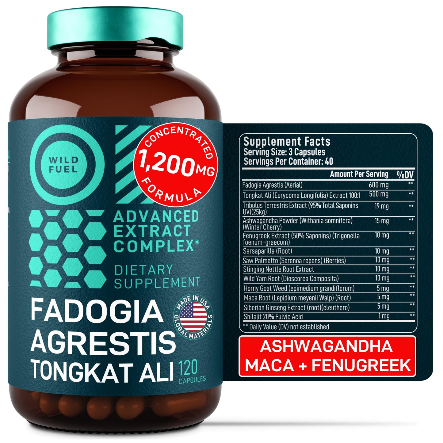 WILD FUEL Fadogia Agrestis Tongkat Ali Supplement Capsule 120 Capsules