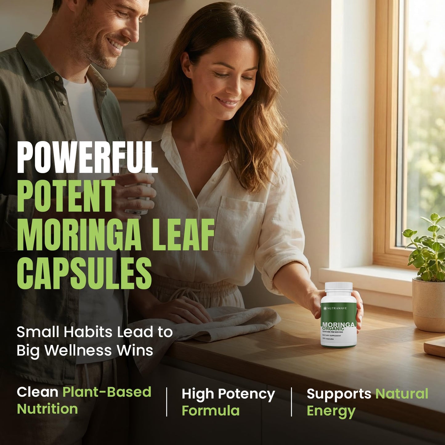 Nutra Wave Organic Moringa Capsules 1200mg – Pure Moringa Oleifera Leaf Supplement Energy, Immune & Lactation Support – Antioxidants & Amino Acids for Women & Men, Non-GMO, Vegan, 120 Capsules
