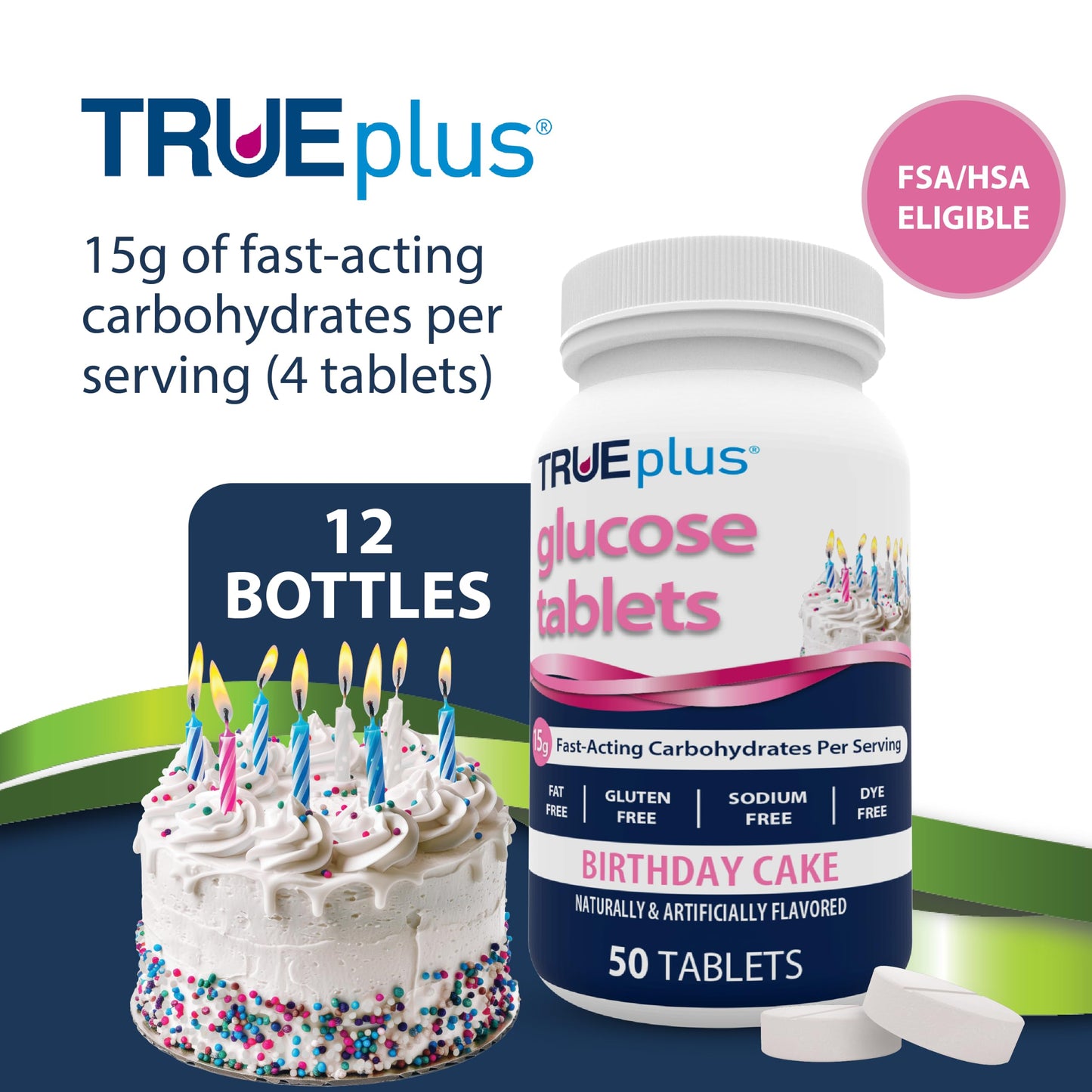 TRUEplus Glucose Tablets Dye-Free Birthday Cake Flavor Tablet, 12 Bottles