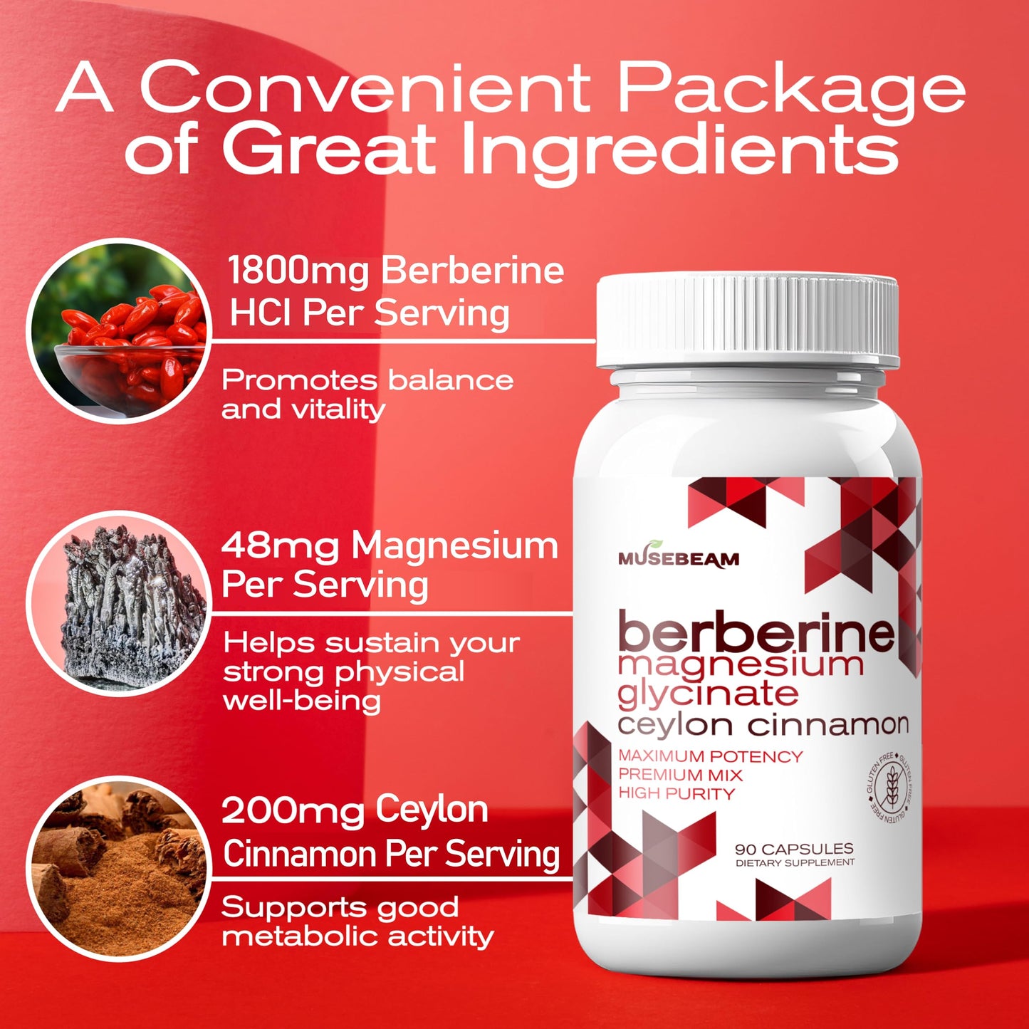 MuseBeam Berberine HCL Magnesium Glycinate Supplement Capsule, 90 Count
