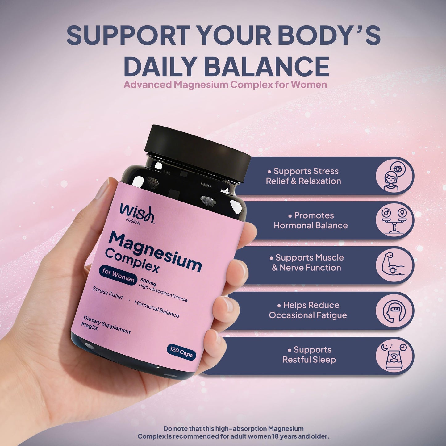Wish Fusion Magnesium Complex for Women 500mg Triple Magnesium Complex with Magnesium Glycinate, Citrate & Malate High Absorption Magnesium Supplement for Mood, Stress Relief & Hormonal Balance Capsules 120 Count