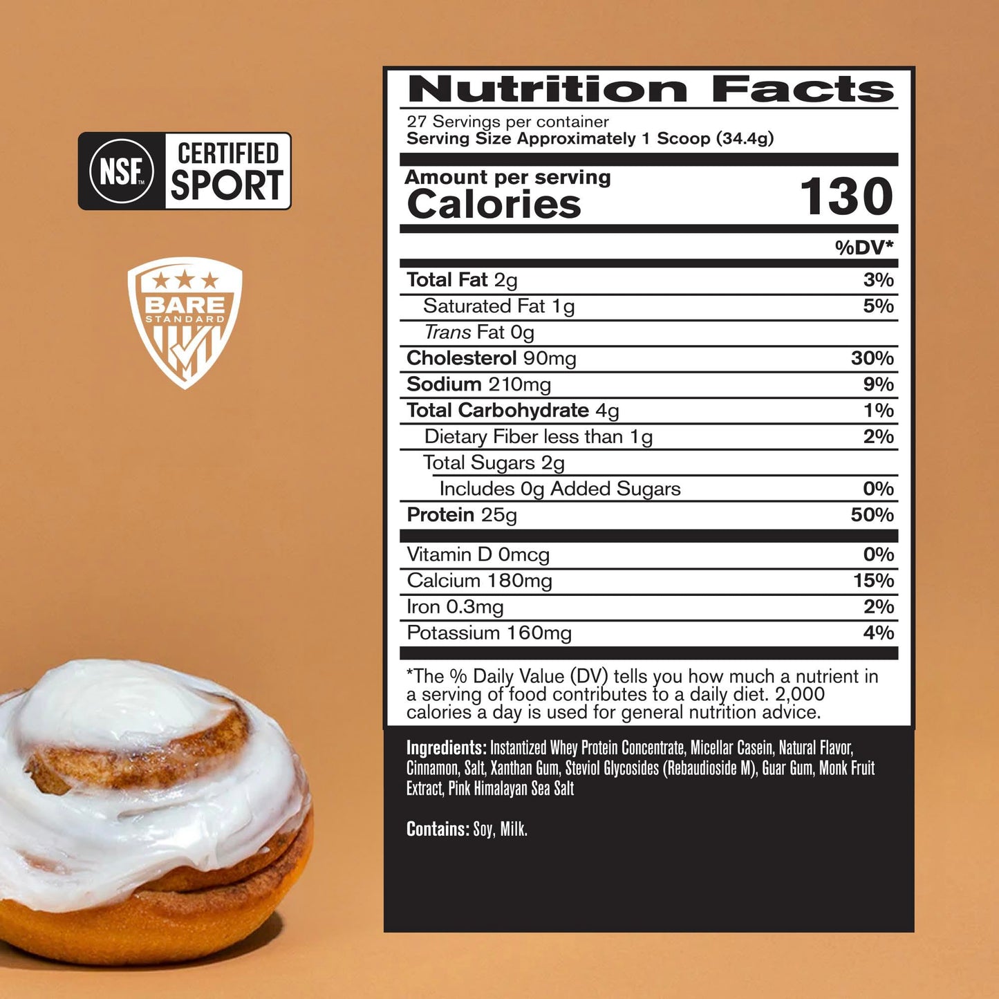 BARE PERFORMANCE NUTRITION Whey Protein + Casein Protein Powder Blend Cinnamon Roll, 32 Servings Powder