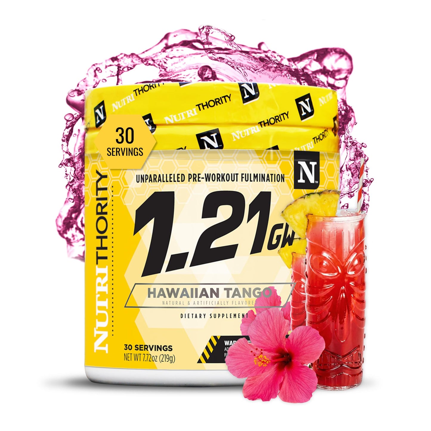 Nutrithority 1.21GW High Stim Pre Workout Powder for Men, High Caffeine, Hawaiian Tango, 19 Servings