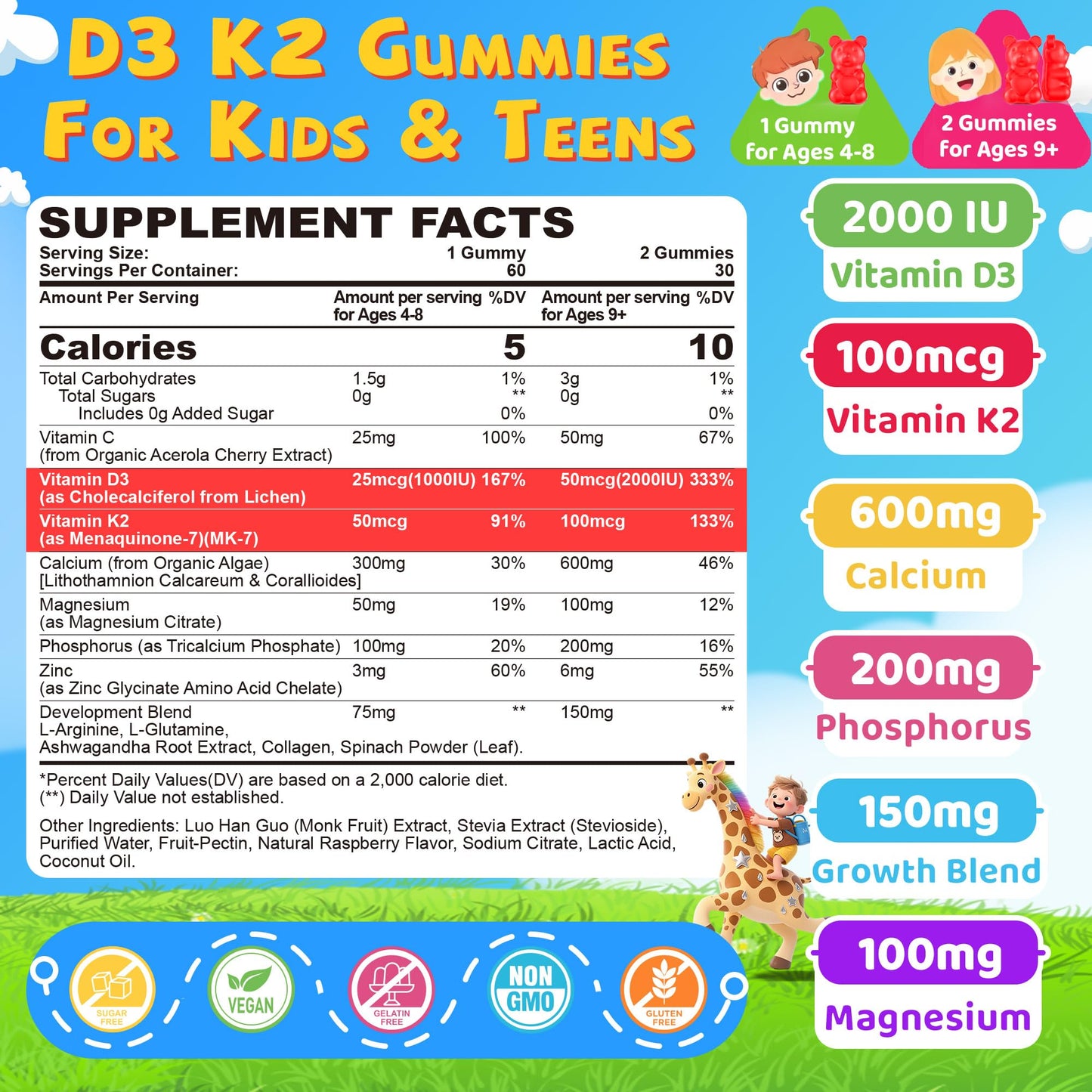 NEVISS Kids & Teens Vitamin D3 K2 Gummies with Calcium, Magnesium, Zinc, Phosphorus C, 120 Gummies