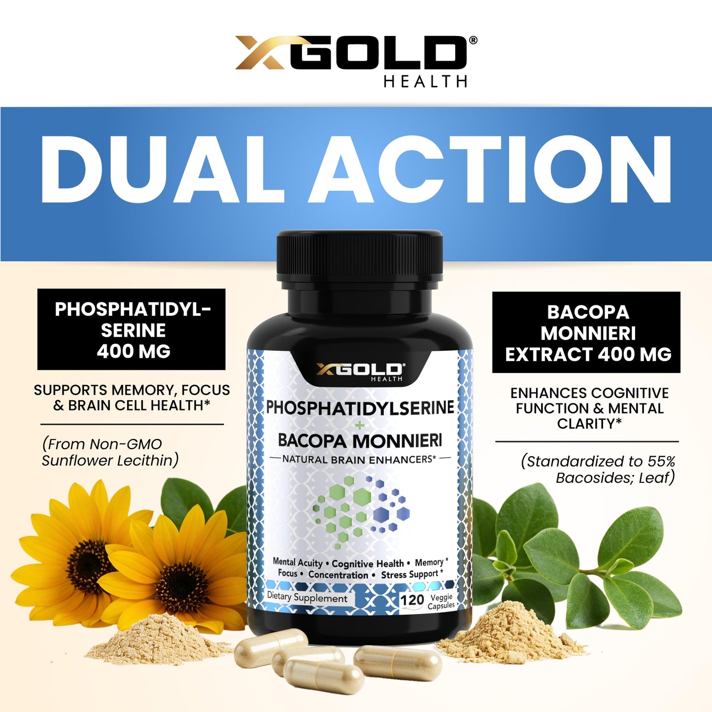 X Gold Health PhosphatidylSerine & Bacopa Monnieri 800 mg 2 in 1 Supplement Capsules, 120 Count